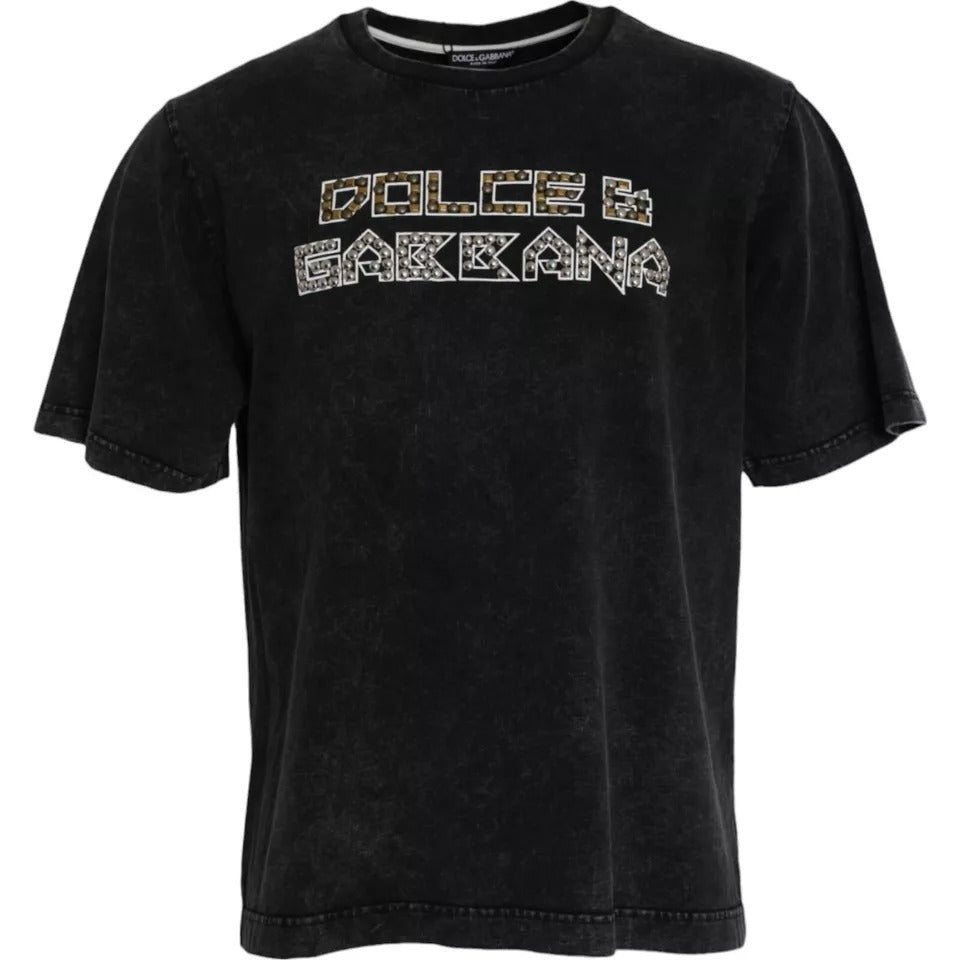 Dolce &amp; Gabbana Tricou negru cu guler rotund din bumbac cu imprimeu logo pentru bărbați