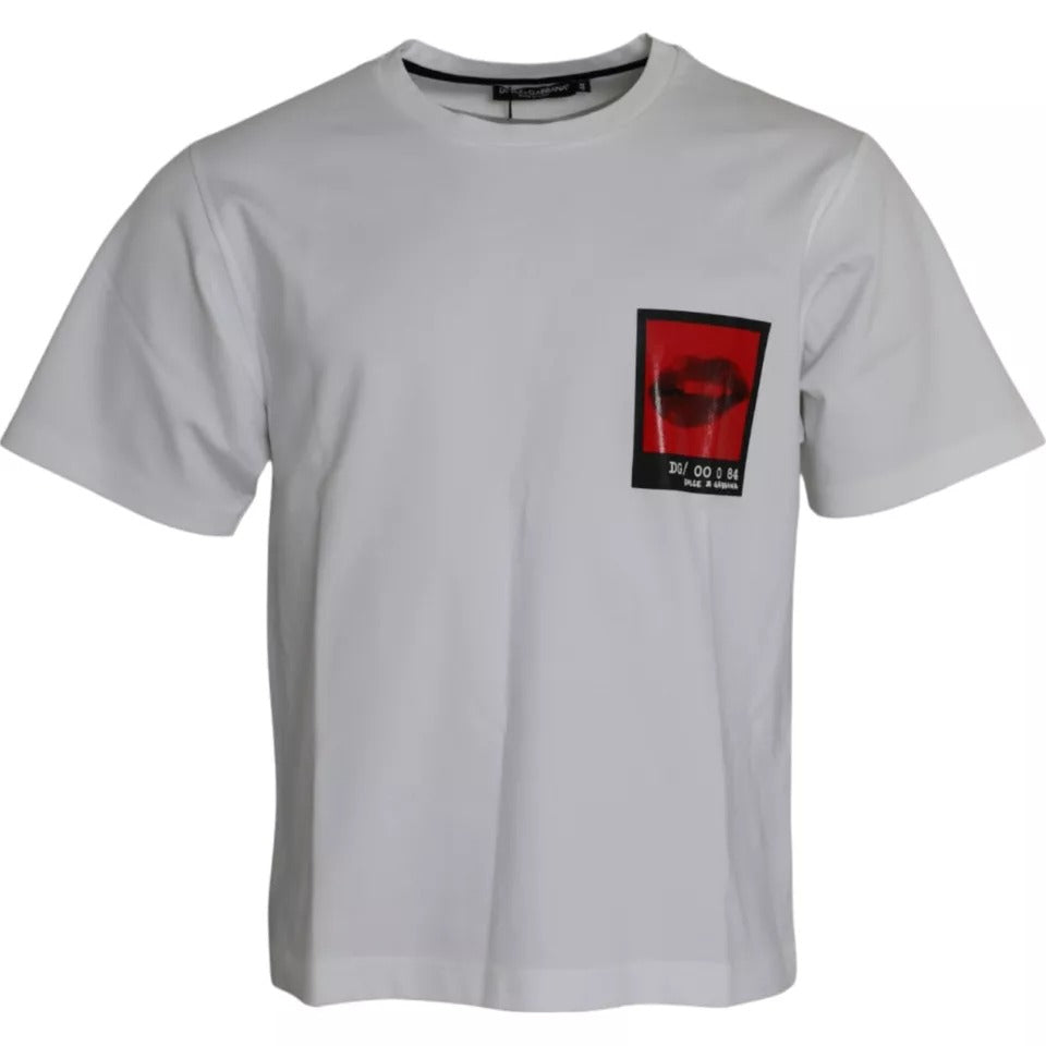 Tricou Dolce &amp; Gabbana din bumbac cu imprimeu alb cu buze roșii pentru bărbați