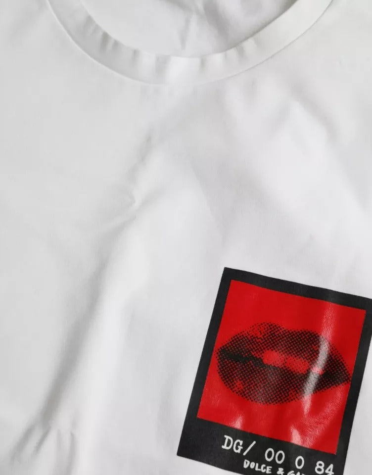 Tricou Dolce &amp; Gabbana din bumbac cu imprimeu alb cu buze roșii pentru bărbați