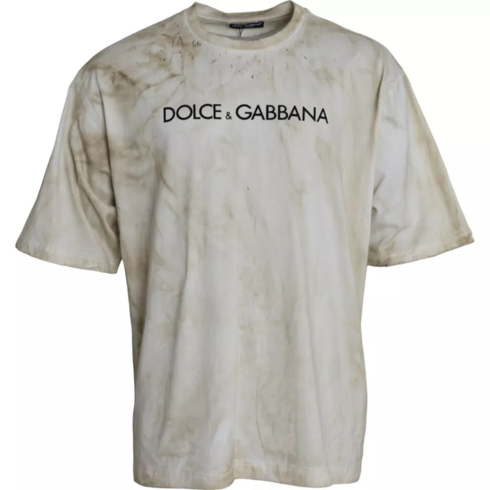 Tricou Dolce &amp; Gabbana Off White cu guler rotund din bumbac și logo