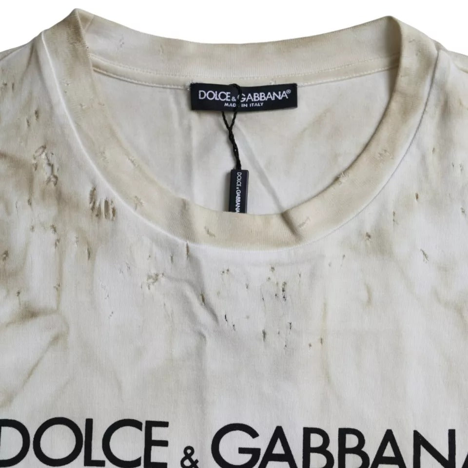 Tricou Dolce &amp; Gabbana Off White cu guler rotund din bumbac și logo