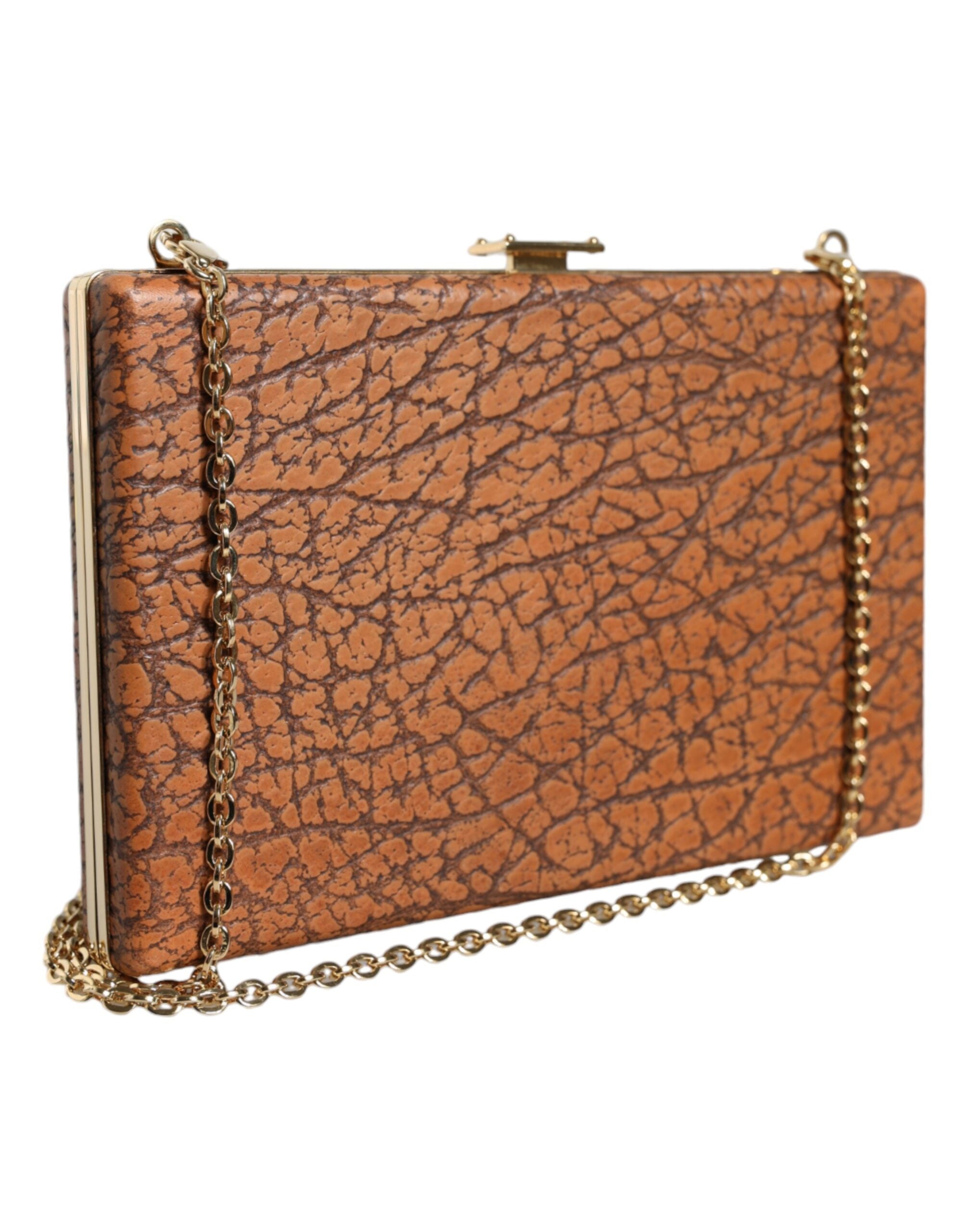 Dolce &amp; Gabbana – Clutch aus braunem Leder mit goldenem Rahmen und kleiner Umhängetasche