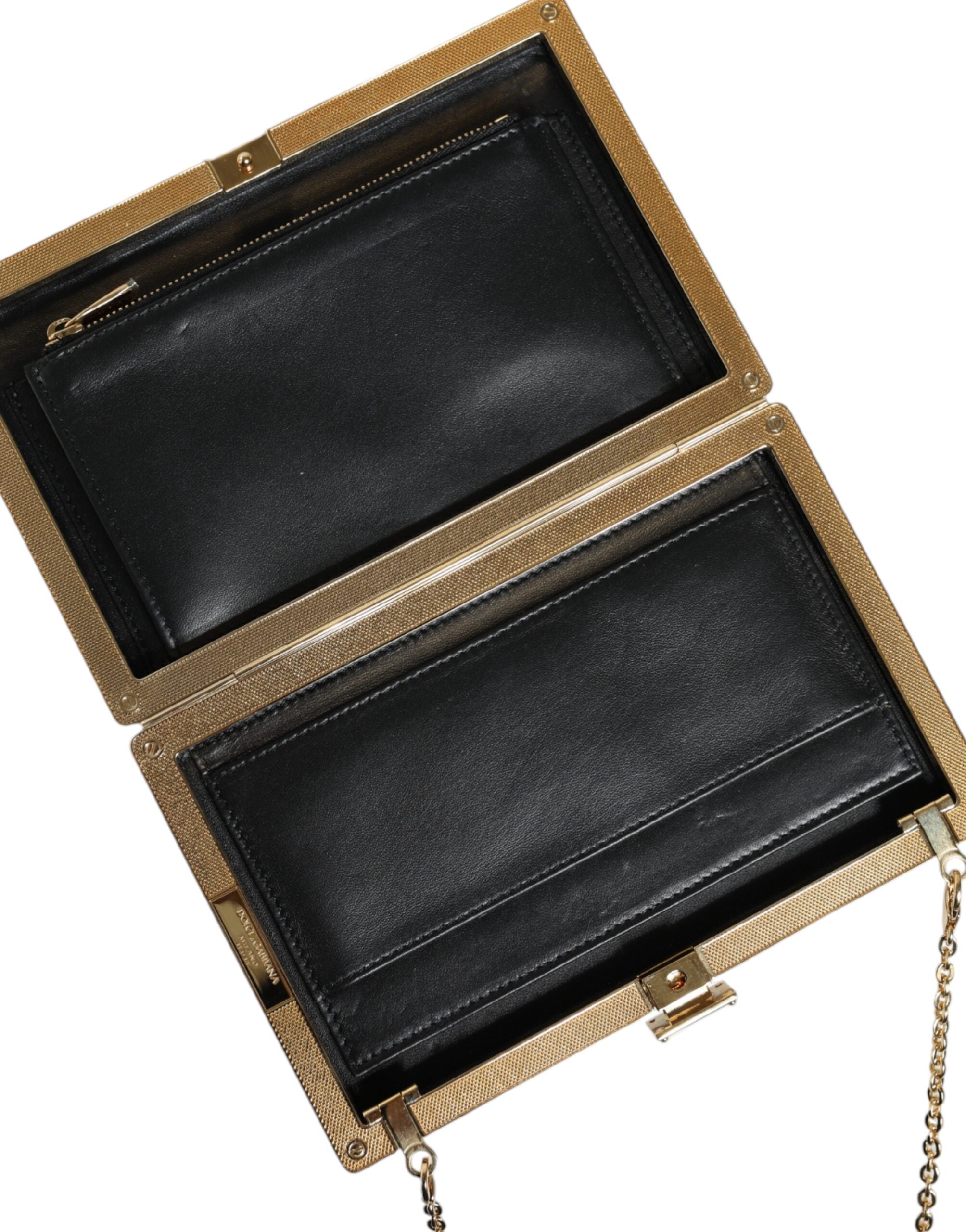 Dolce &amp; Gabbana – Clutch aus braunem Leder mit goldenem Rahmen und kleiner Umhängetasche