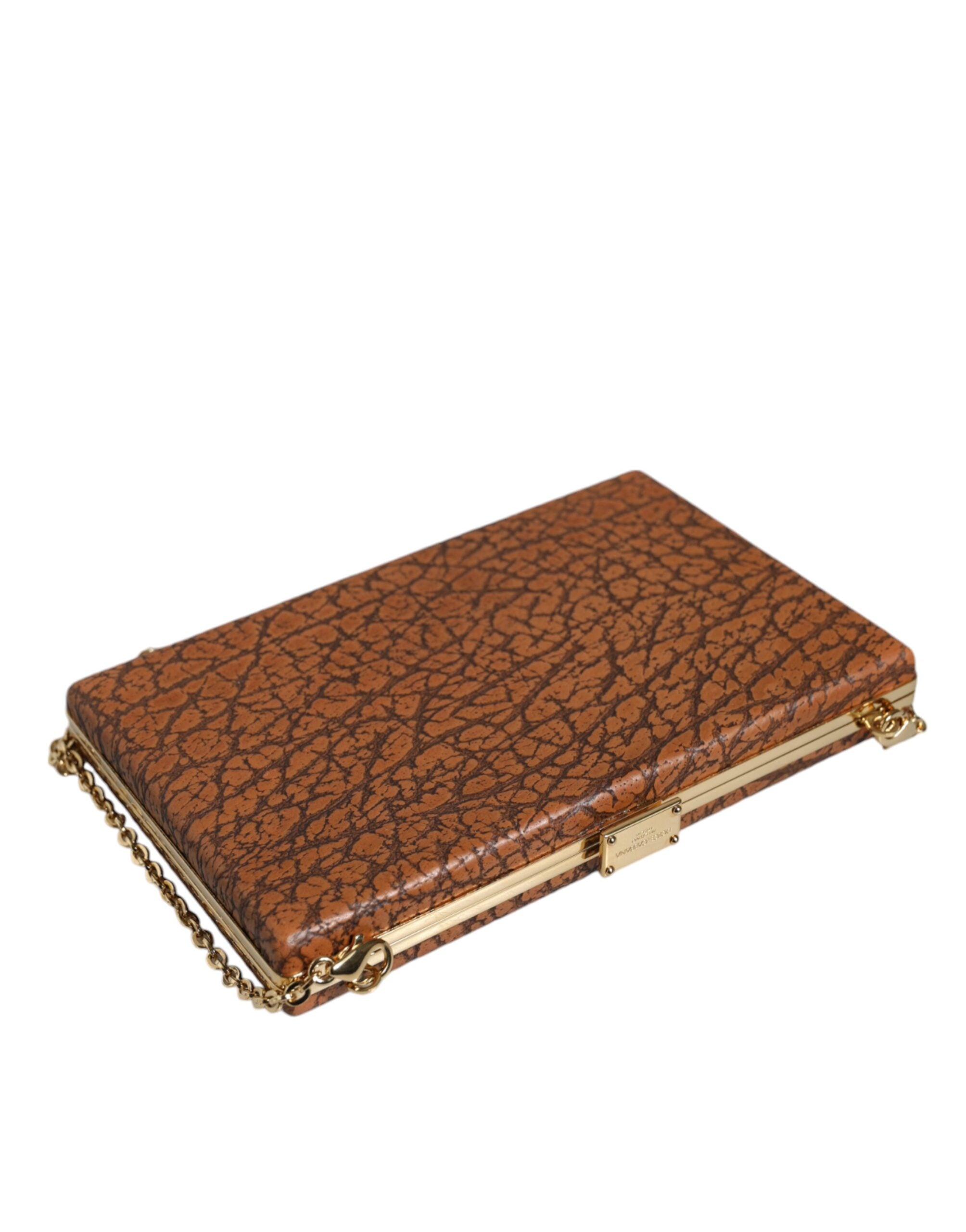 Dolce &amp; Gabbana – Clutch aus braunem Leder mit goldenem Rahmen und kleiner Umhängetasche