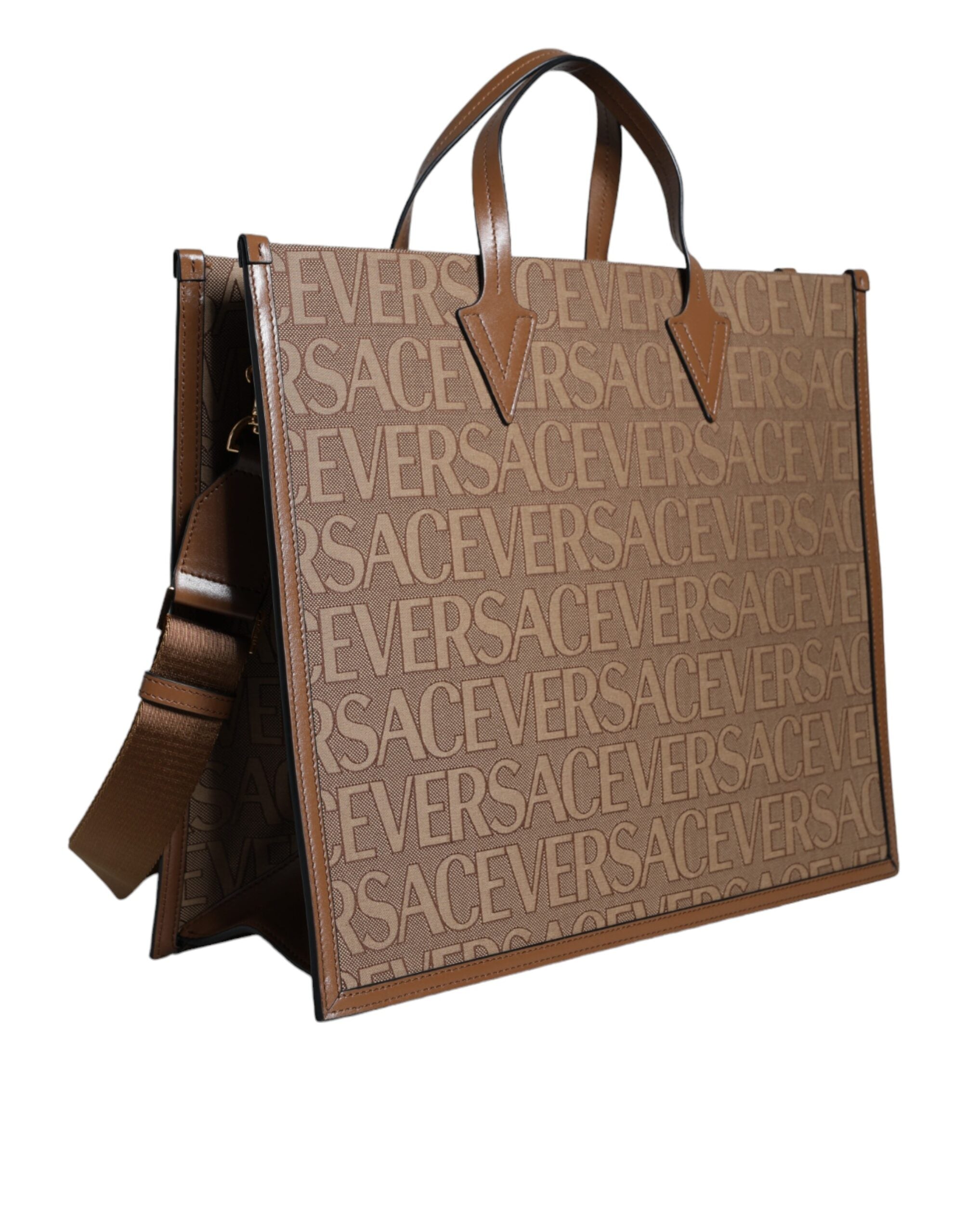 Geantă tote crossbody Versace maro cu mâner superior din piele jacquard și logo