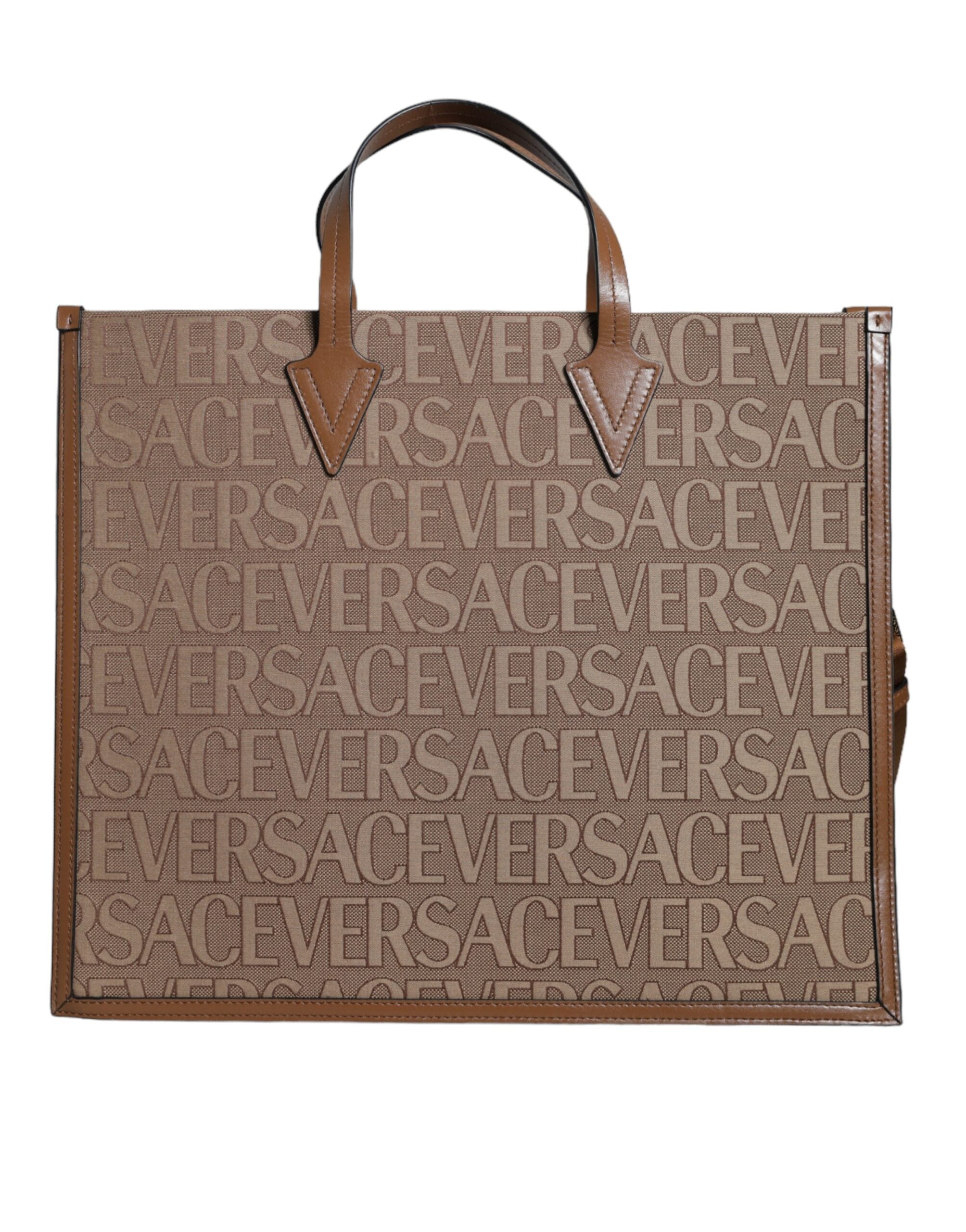 Geantă tote crossbody Versace maro cu mâner superior din piele jacquard și logo