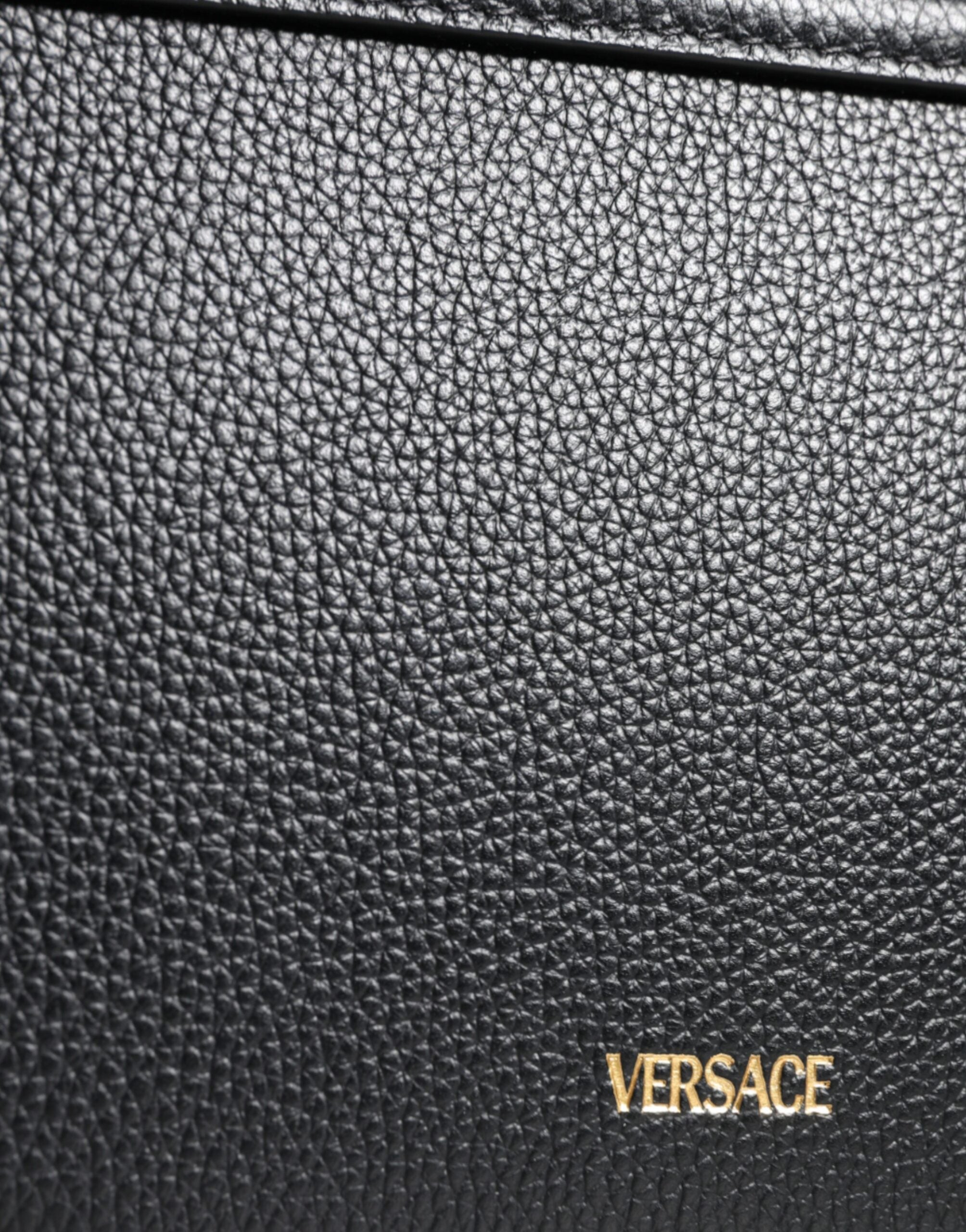 Geantă de umăr Versace neagră din piele de vițel granulată cu logo