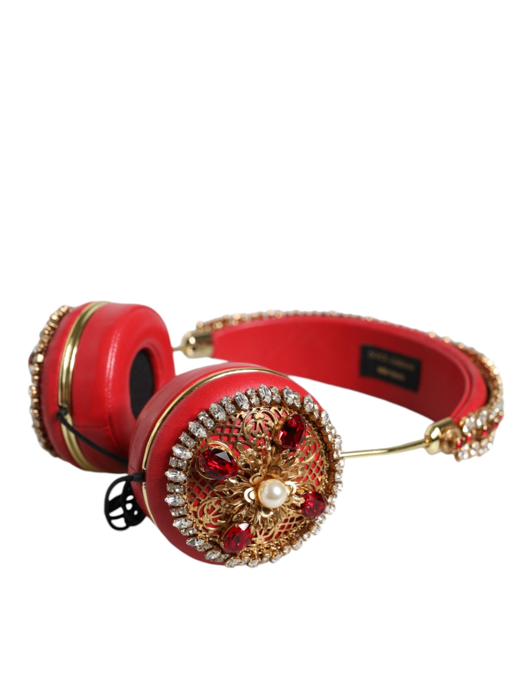 Căști Dolce &amp; Gabbana din piele Nappa roșie cu cristale florale