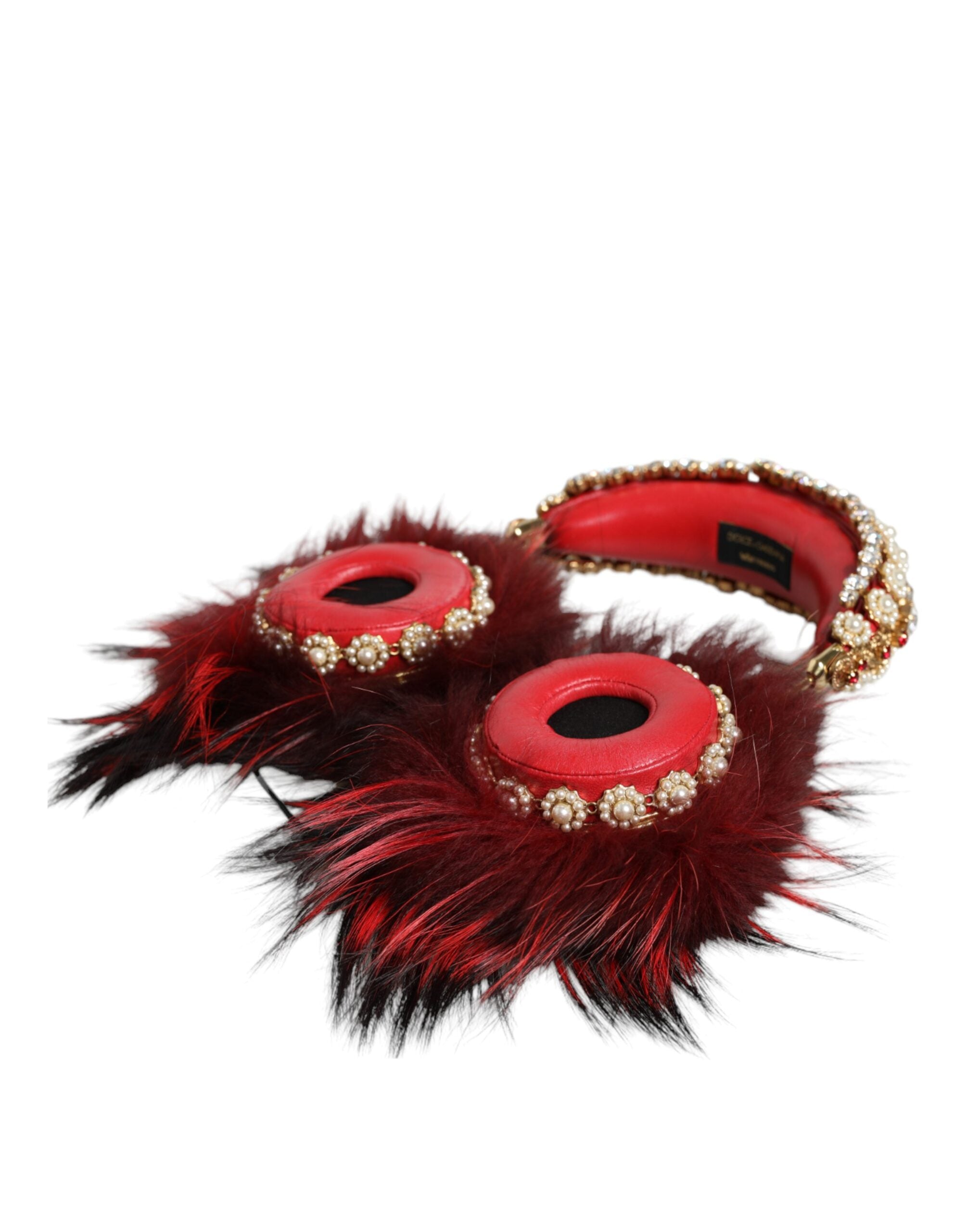 Căști Dolce &amp; Gabbana cu blană de cristal roșie și auriu