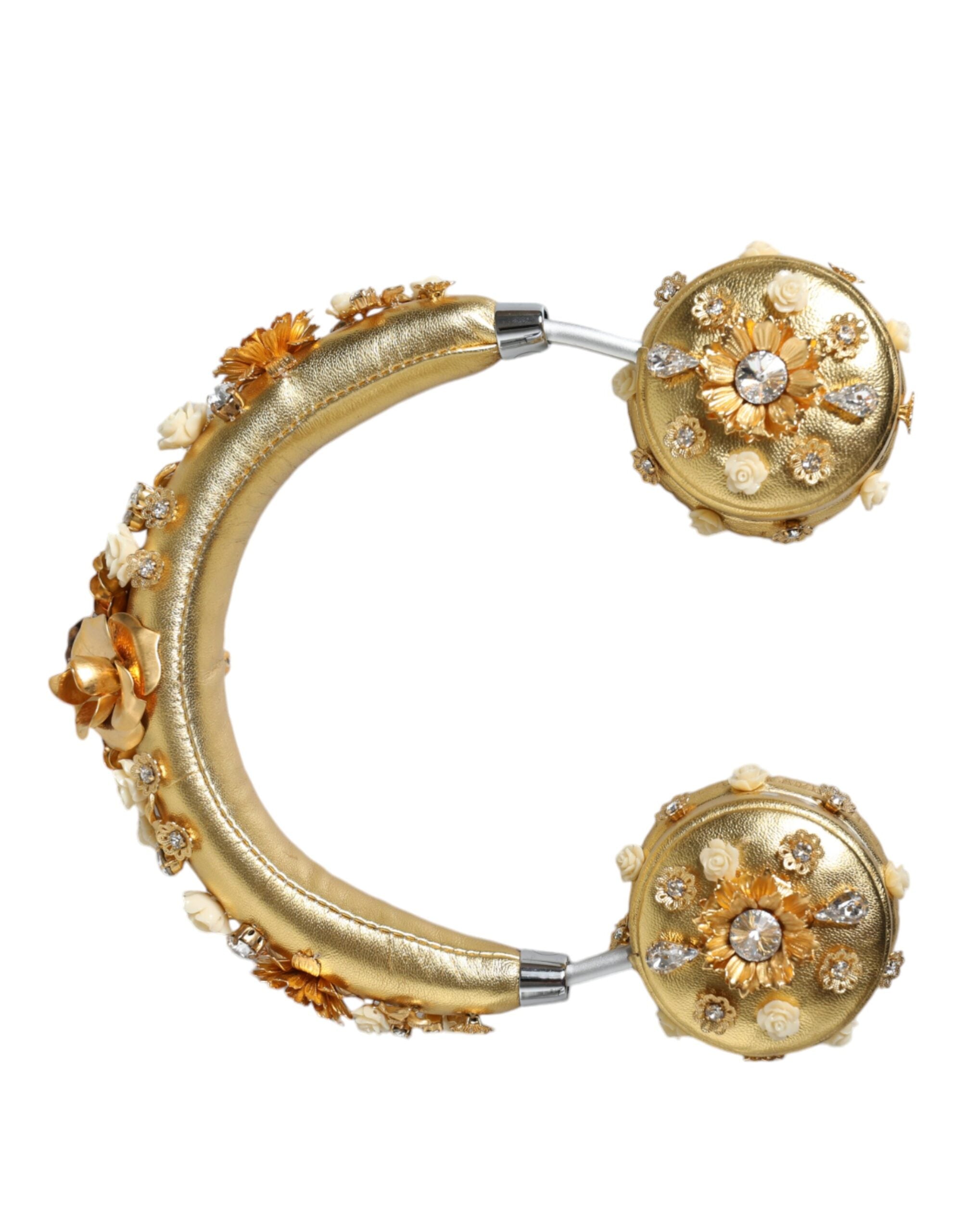 Căști Dolce &amp; Gabbana din piele aurie cu model floral și cristal Angel