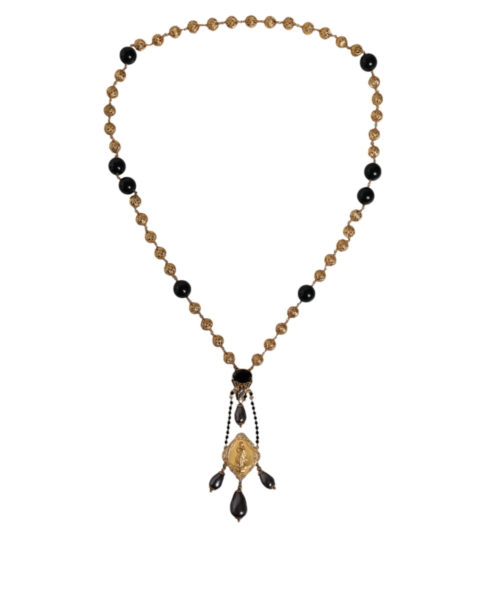 Dolce &amp; Gabbana – Halskette im Rosenkranz-Stil mit goldener Kette und schwarzen Perlen