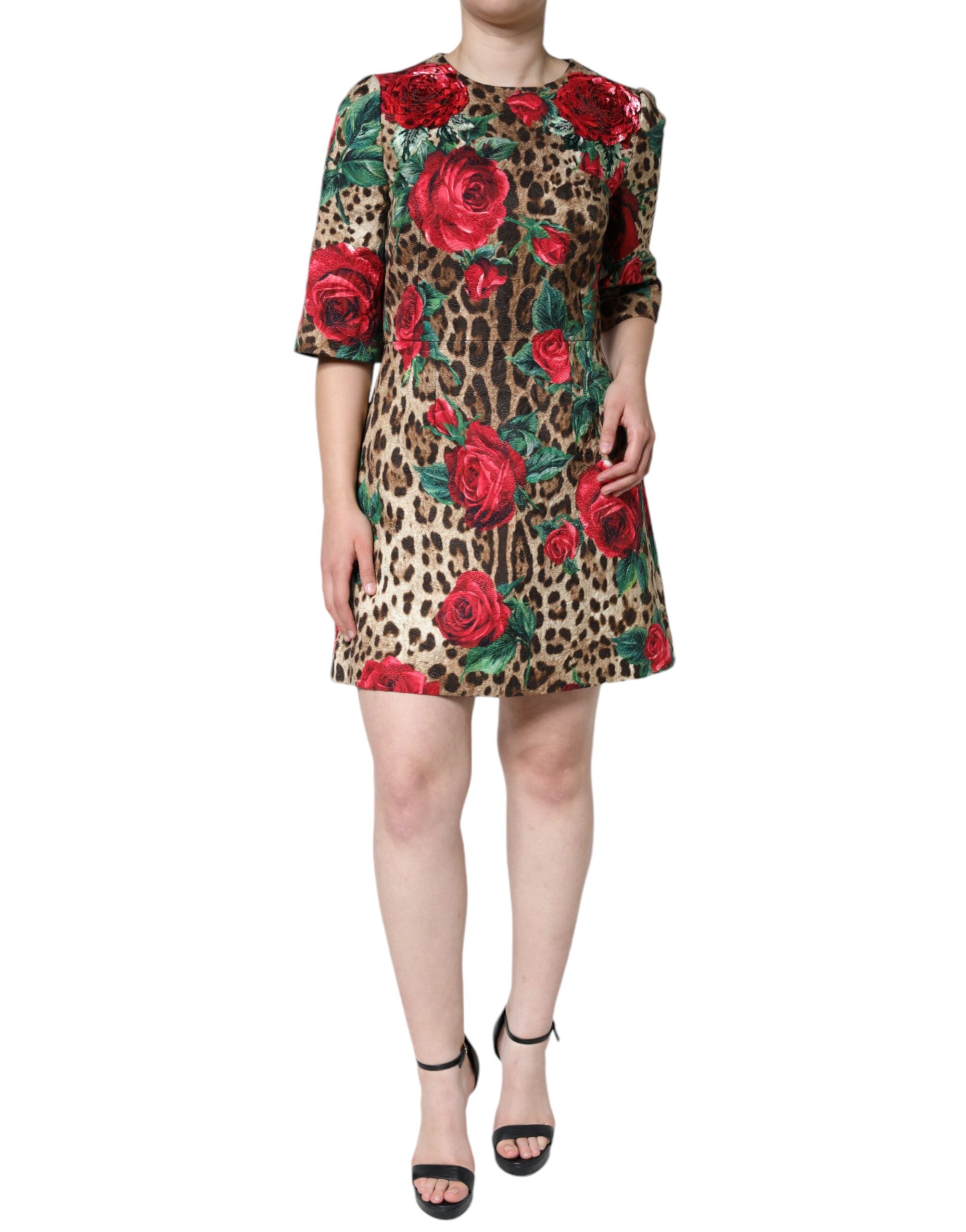 Rochie Dolce &amp; Gabbana maro cu imprimeu leopard și trandafiri roșii din bumbac, linie A