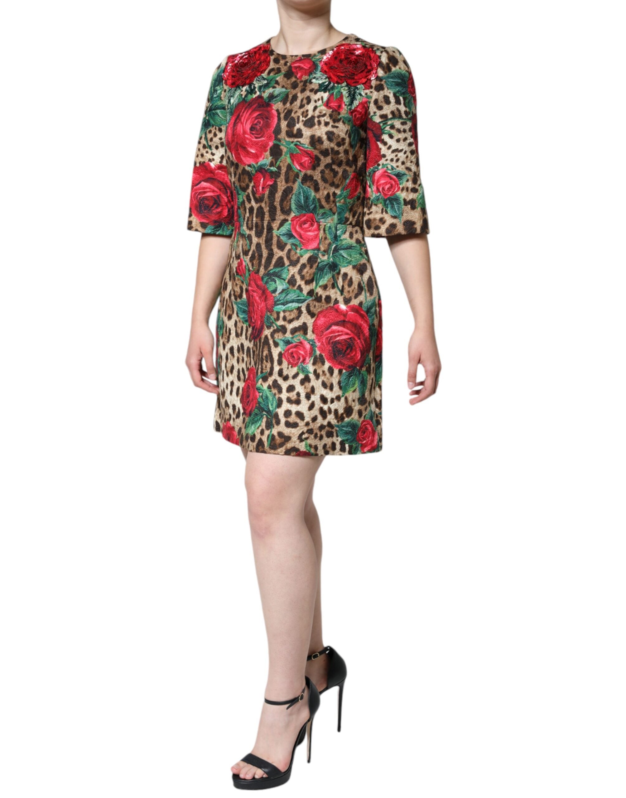 Rochie Dolce &amp; Gabbana maro cu imprimeu leopard și trandafiri roșii din bumbac, linie A