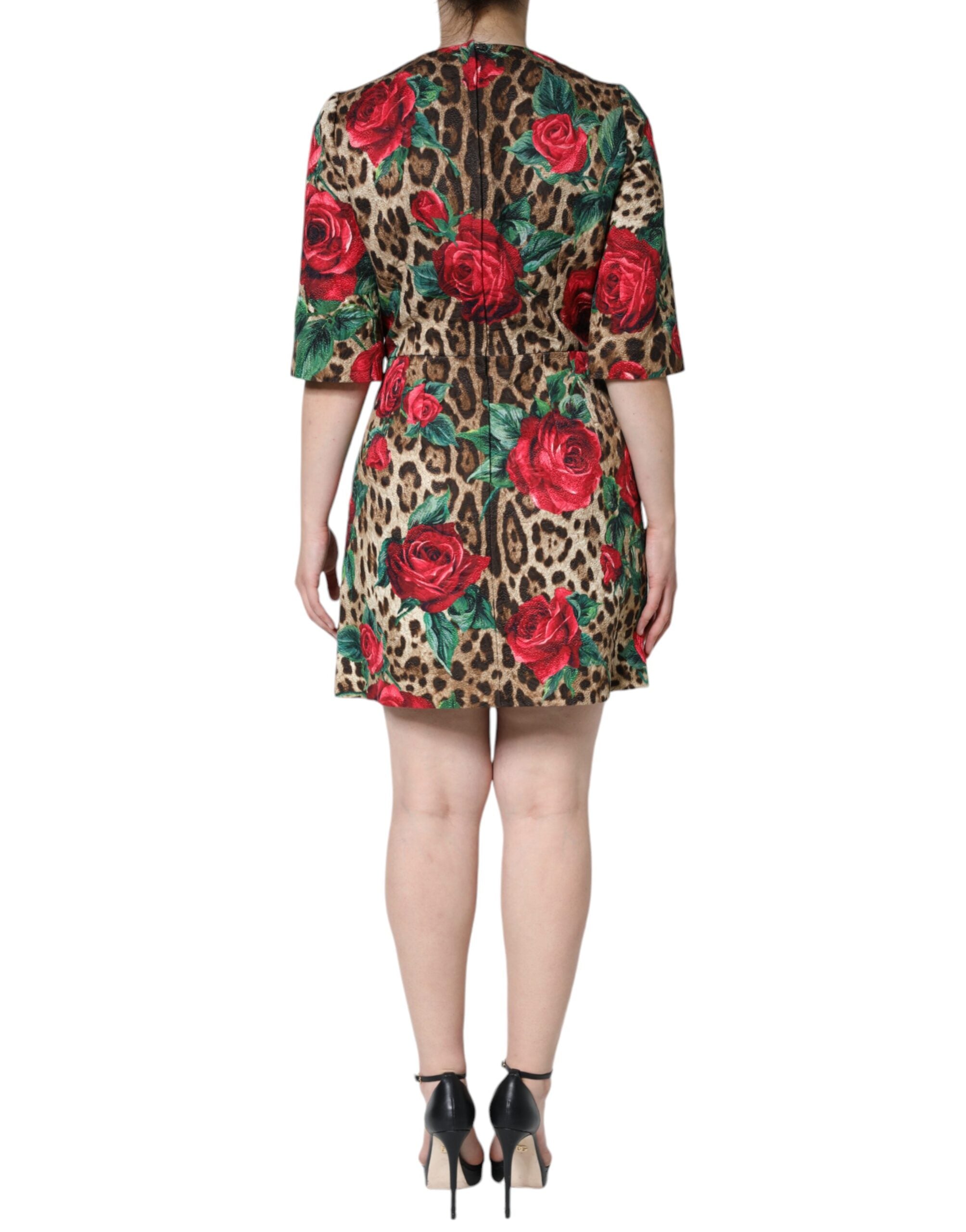 Rochie Dolce &amp; Gabbana maro cu imprimeu leopard și trandafiri roșii din bumbac, linie A