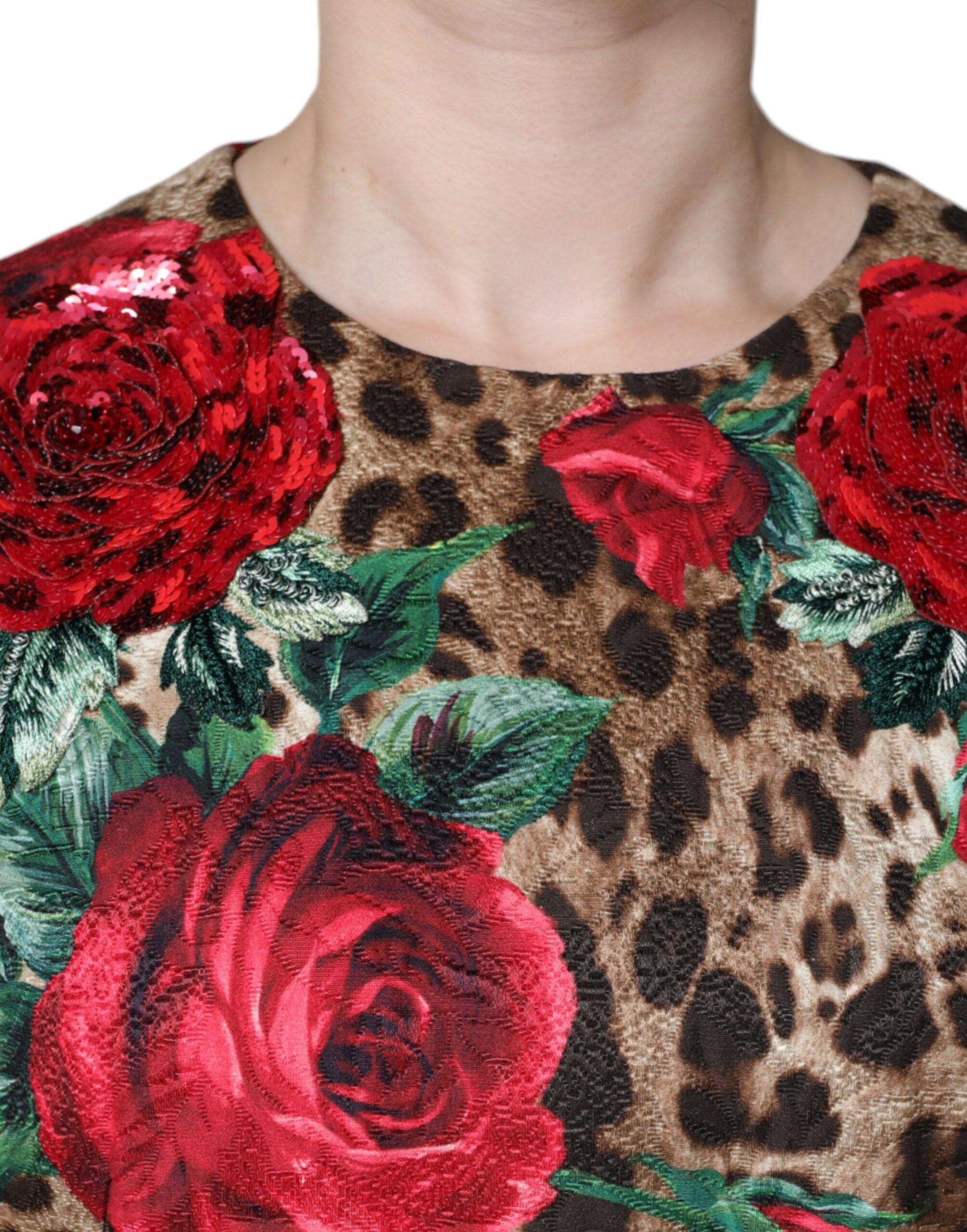 Rochie Dolce &amp; Gabbana maro cu imprimeu leopard și trandafiri roșii din bumbac, linie A