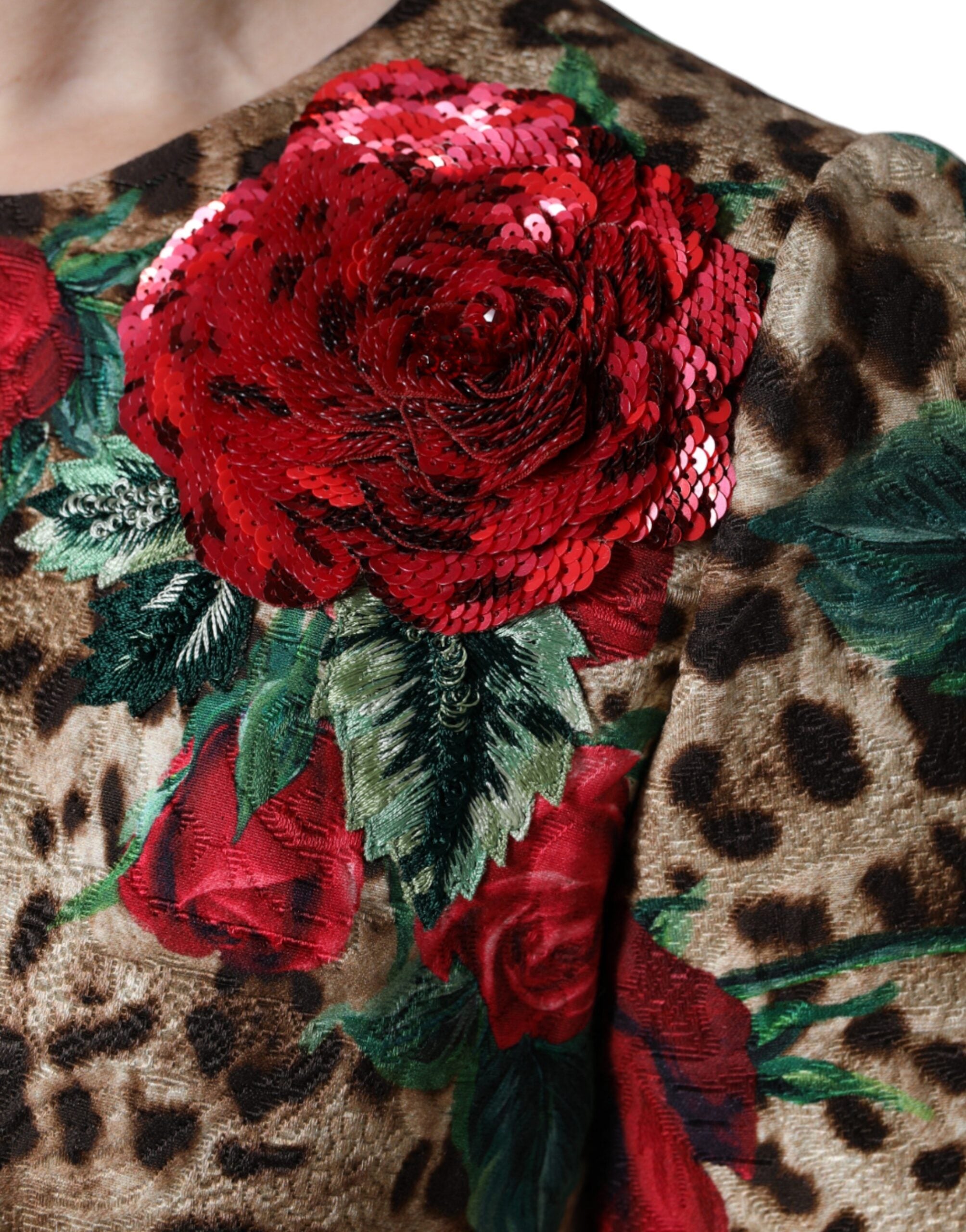 Rochie Dolce &amp; Gabbana maro cu imprimeu leopard și trandafiri roșii din bumbac, linie A