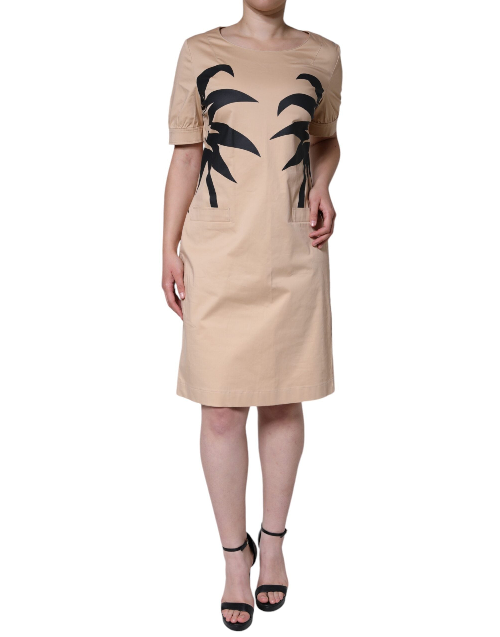 Rochie Moschino bej din bumbac cu mânecă scurtă până la genunchi