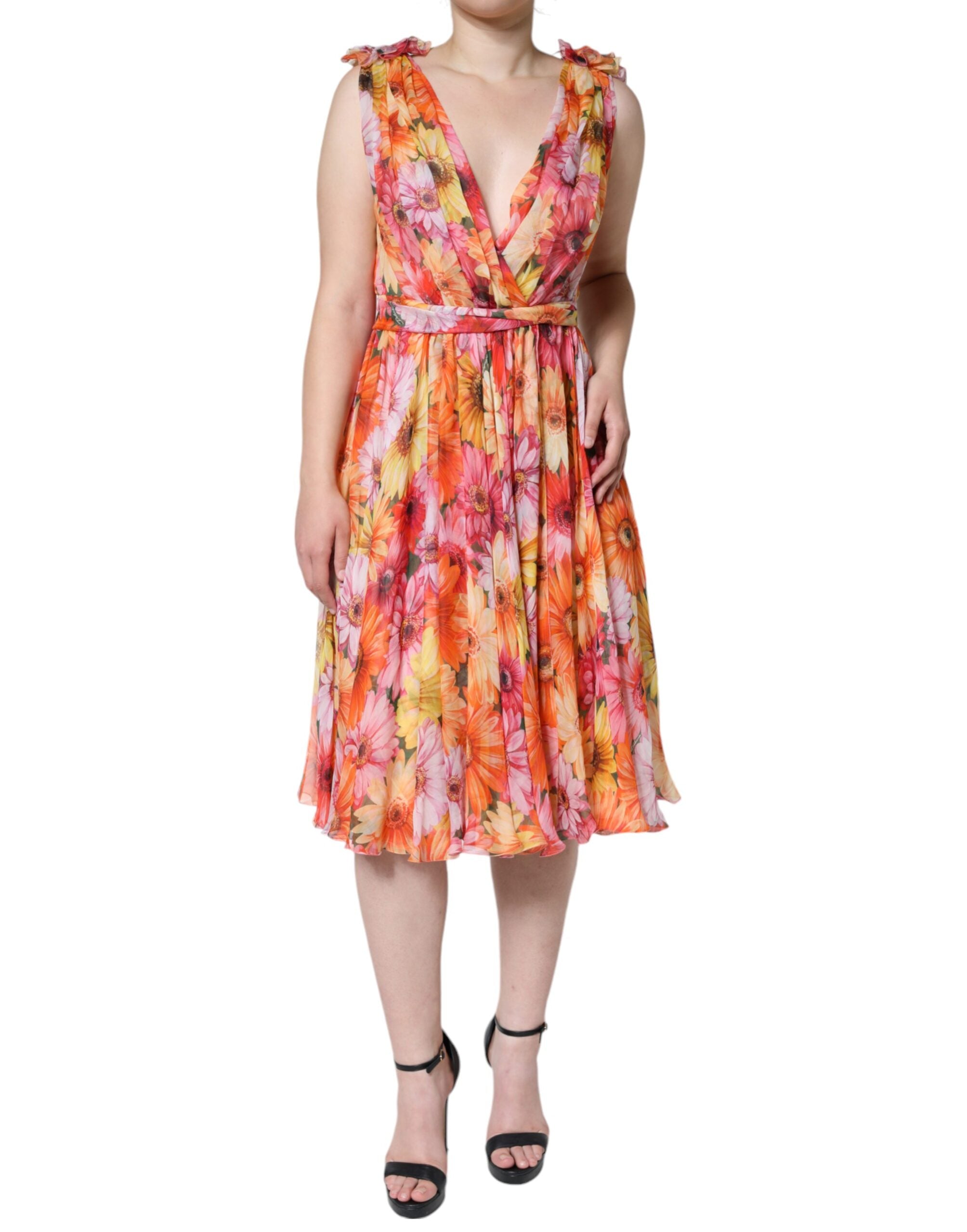 Rochie midi Dolce &amp; Gabbana cu imprimeu floral multicolor, fără mâneci, cu decolteu în V