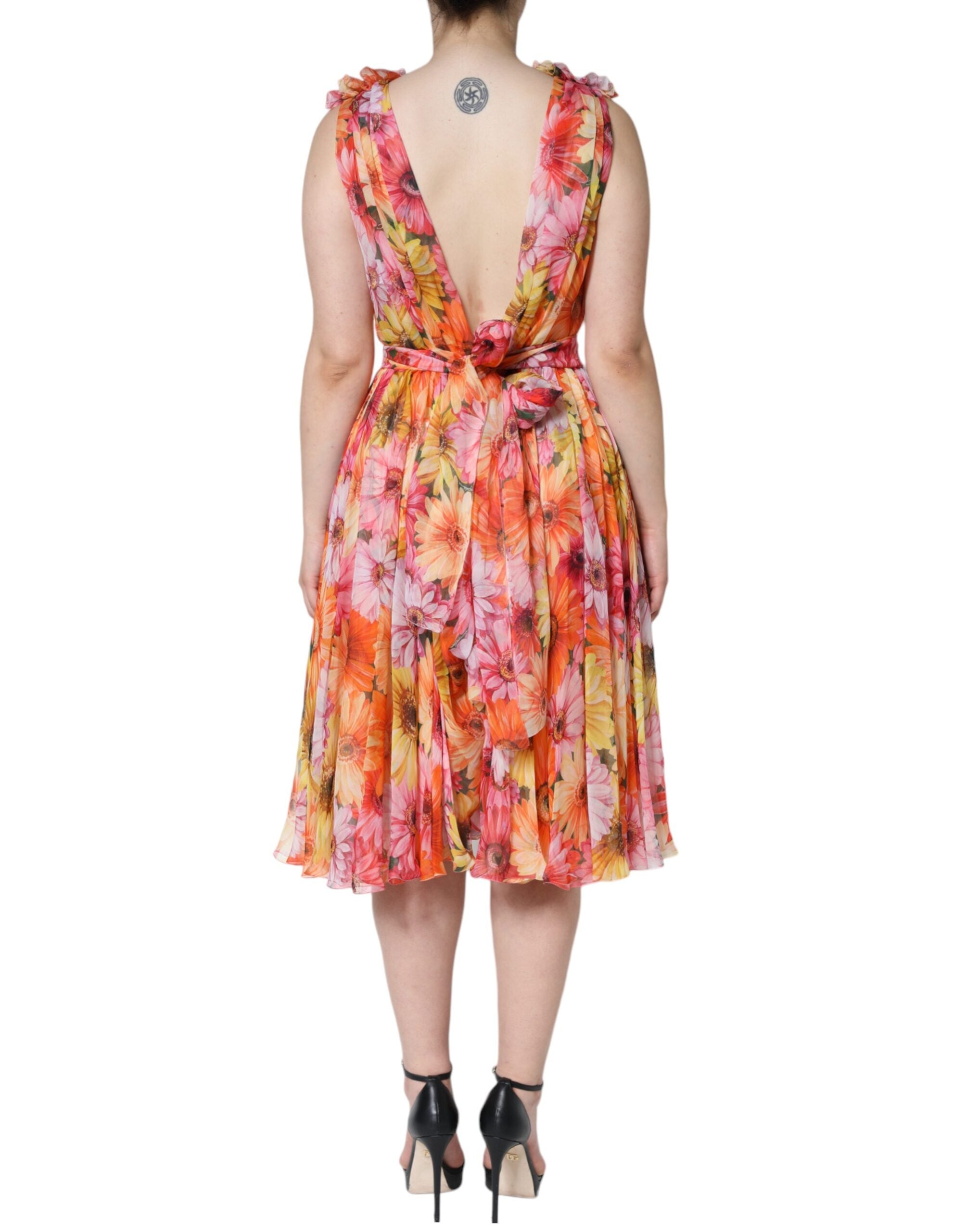 Rochie midi Dolce &amp; Gabbana cu imprimeu floral multicolor, fără mâneci, cu decolteu în V