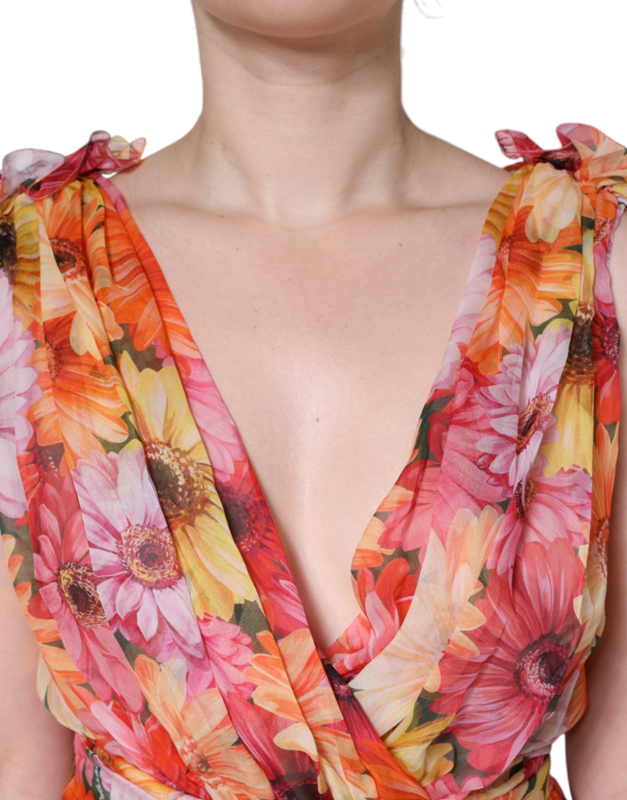 Rochie midi Dolce &amp; Gabbana cu imprimeu floral multicolor, fără mâneci, cu decolteu în V