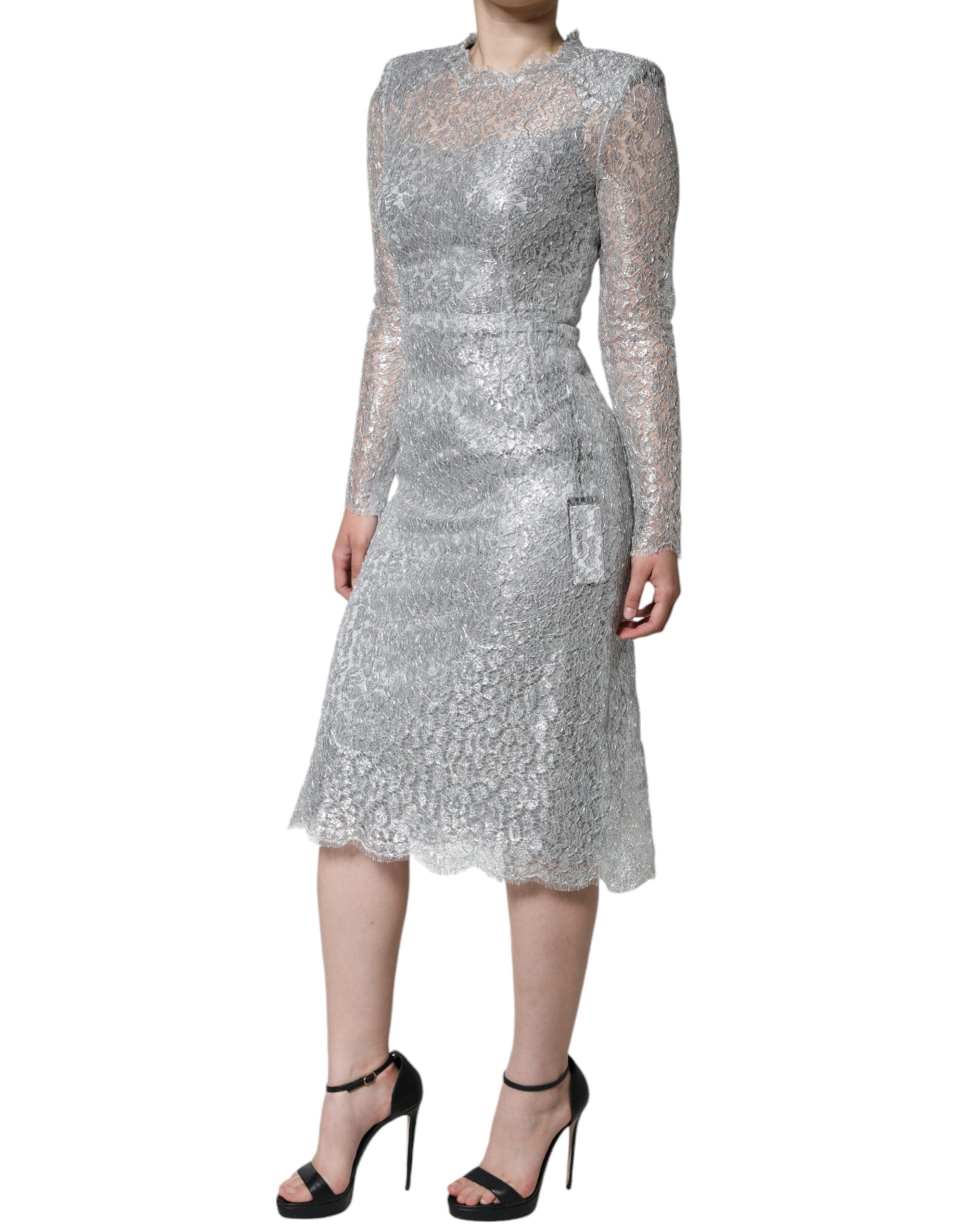 Rochie midi Dolce &amp; Gabbana cu imprimeu floral argintiu și dantelă