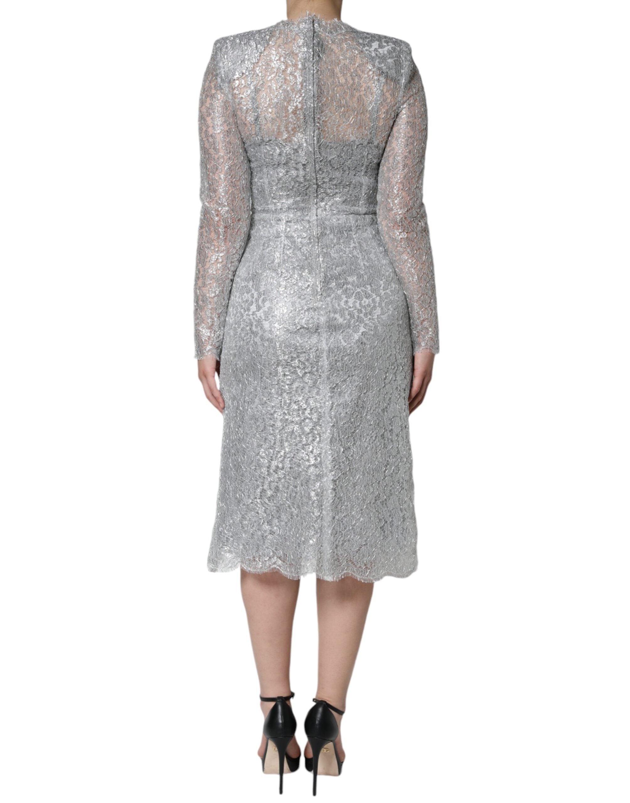 Rochie midi Dolce &amp; Gabbana cu imprimeu floral argintiu și dantelă