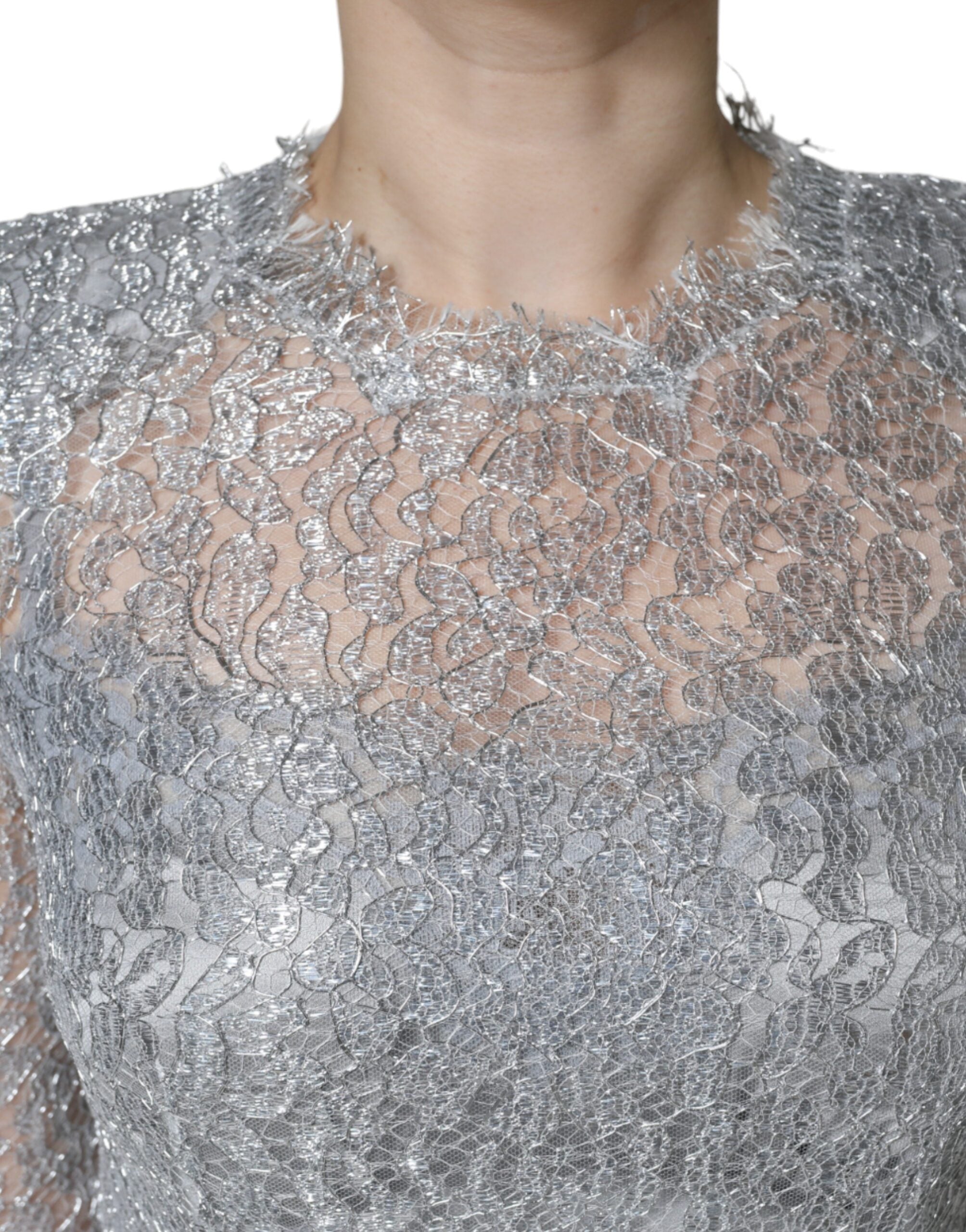 Rochie midi Dolce &amp; Gabbana cu imprimeu floral argintiu și dantelă