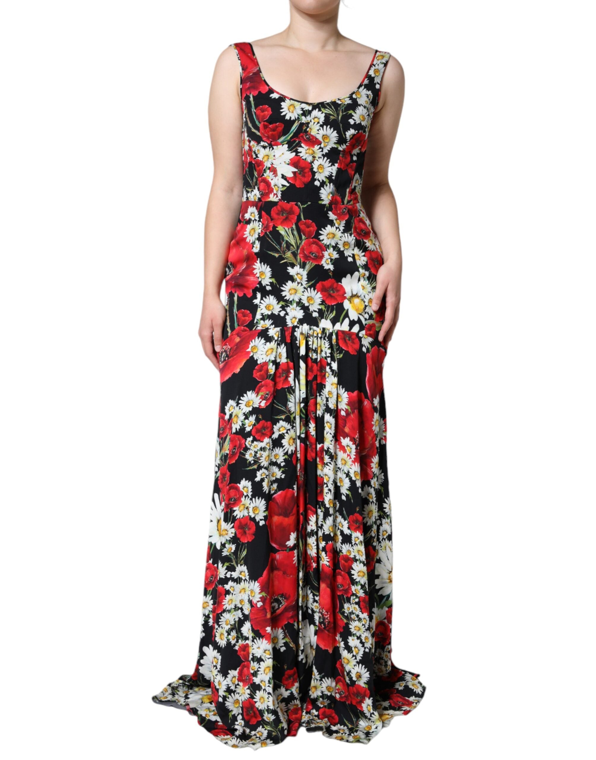 Rochie lungă fără mâneci din mătase neagră cu imprimeu floral Dolce &amp; Gabbana