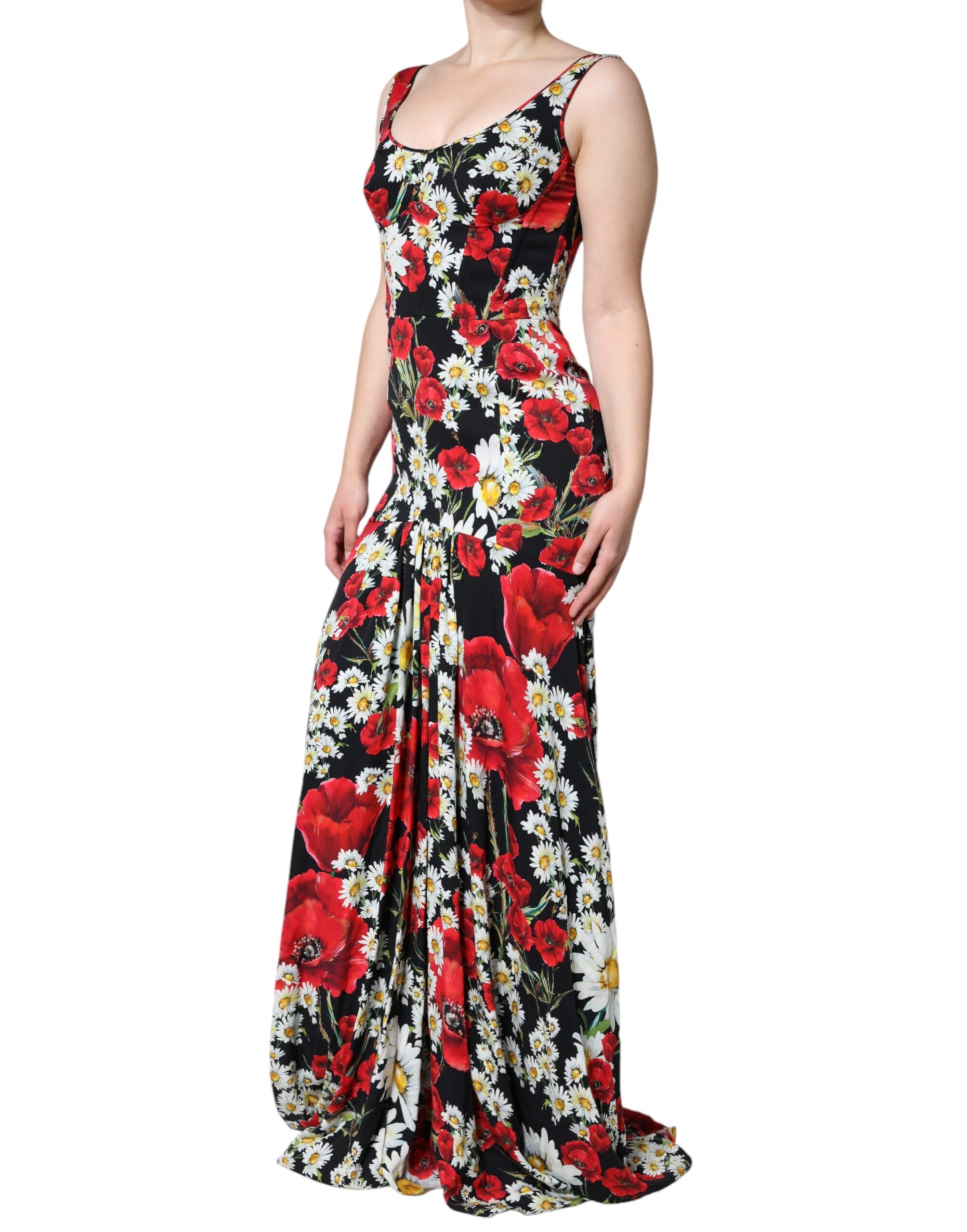 Rochie lungă fără mâneci din mătase neagră cu imprimeu floral Dolce &amp; Gabbana