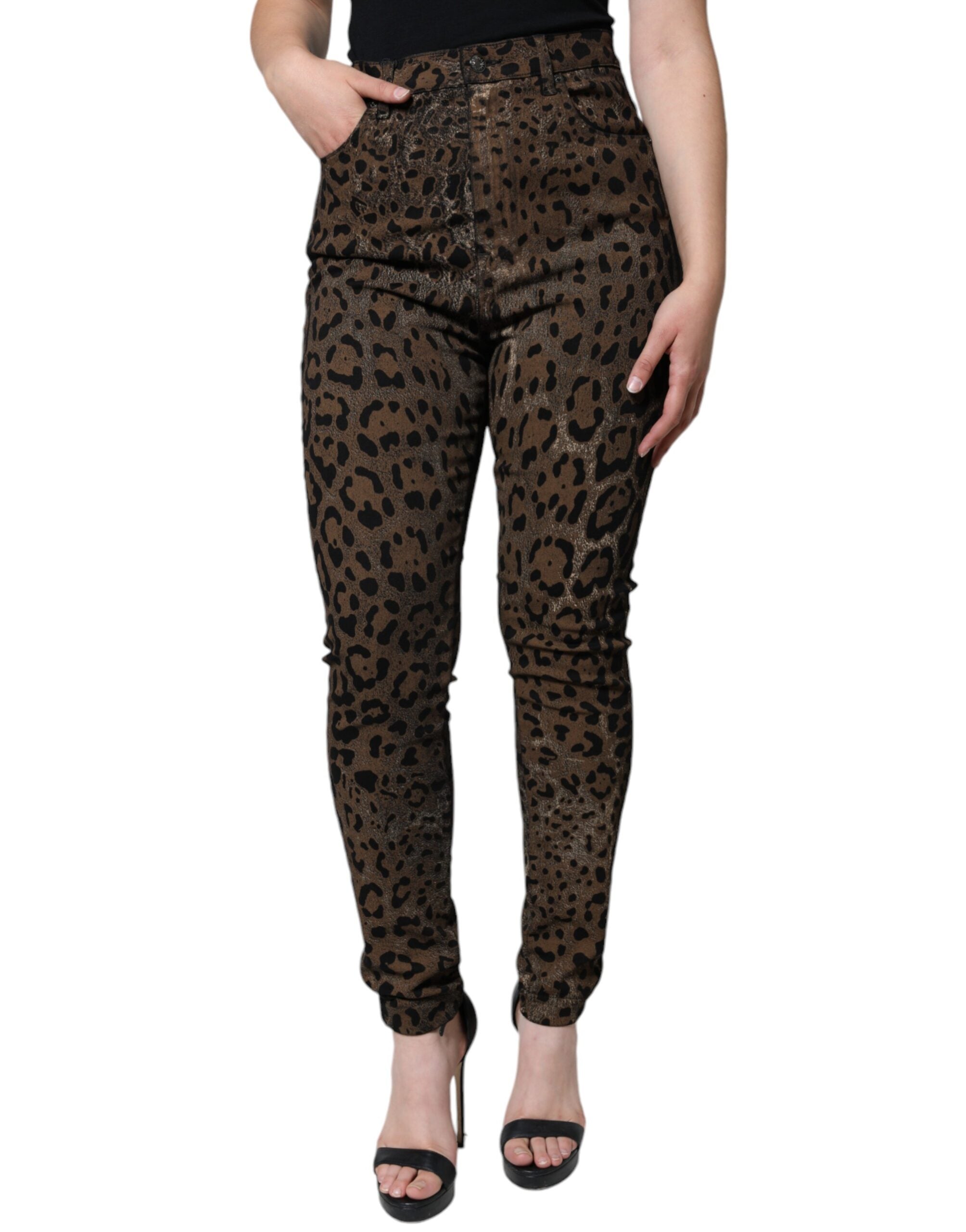 Dolce &amp; Gabbana – Enge Jeans aus Baumwolle mit Leopardenmuster in Braun