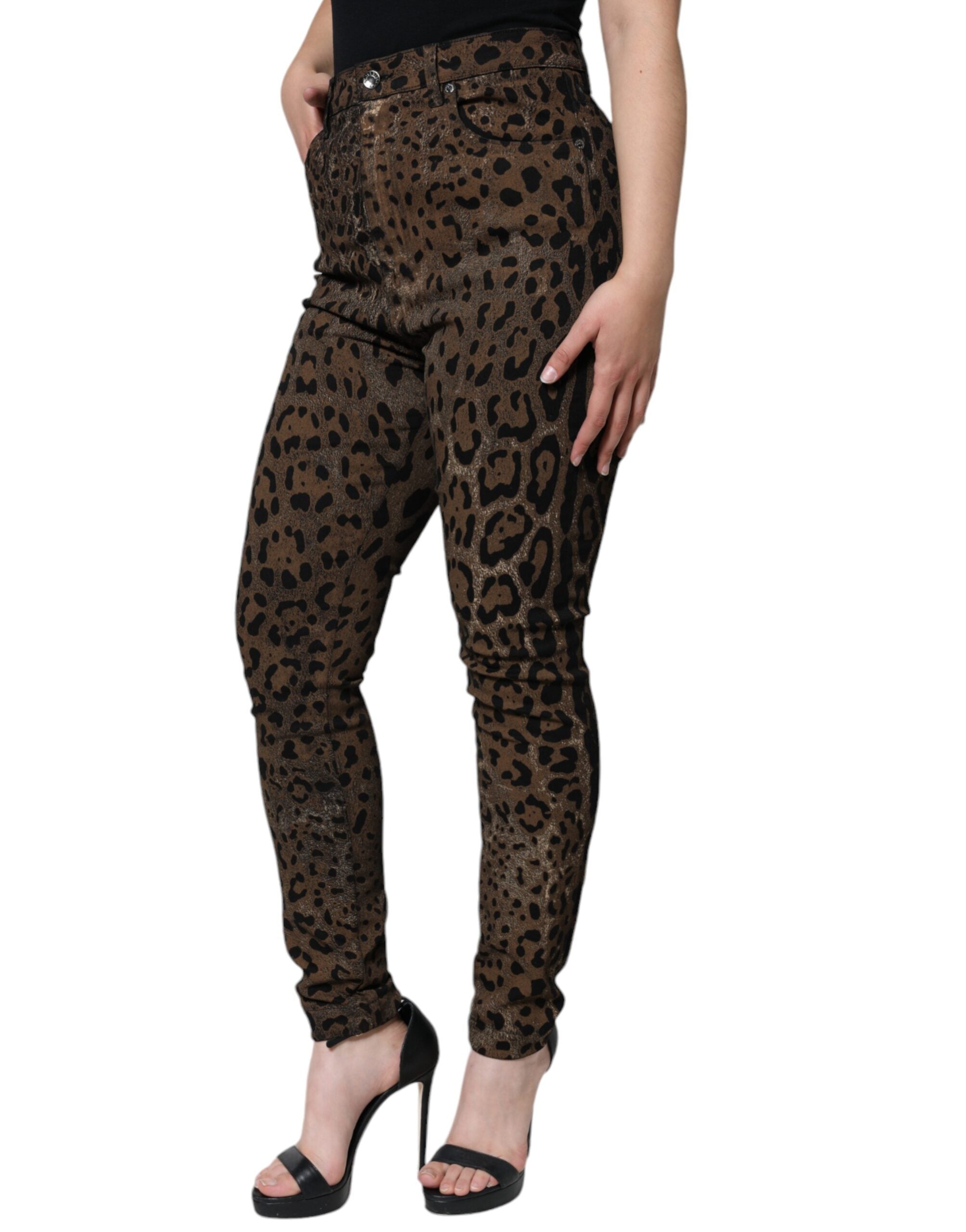 Dolce &amp; Gabbana – Enge Jeans aus Baumwolle mit Leopardenmuster in Braun