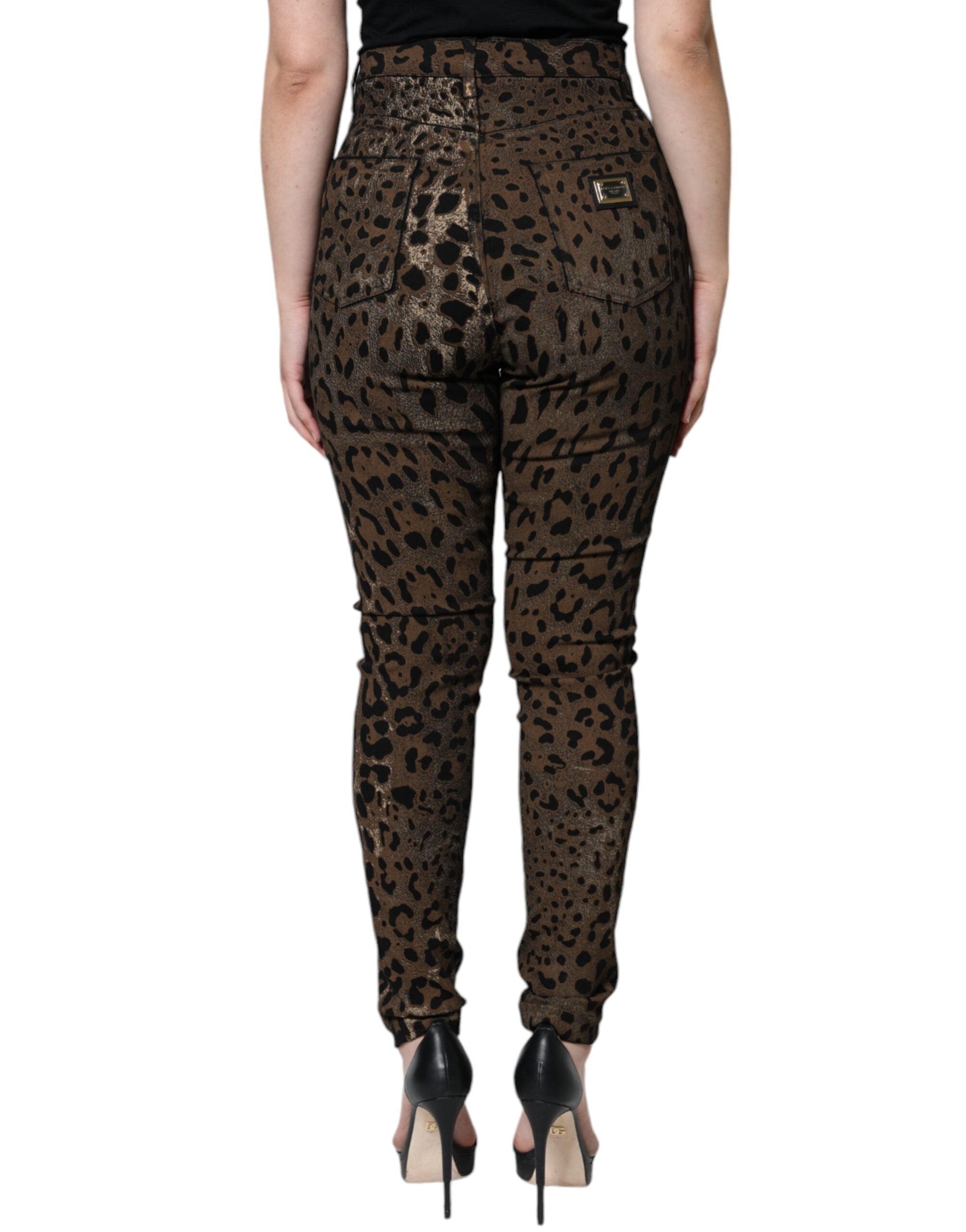 Dolce &amp; Gabbana – Enge Jeans aus Baumwolle mit Leopardenmuster in Braun