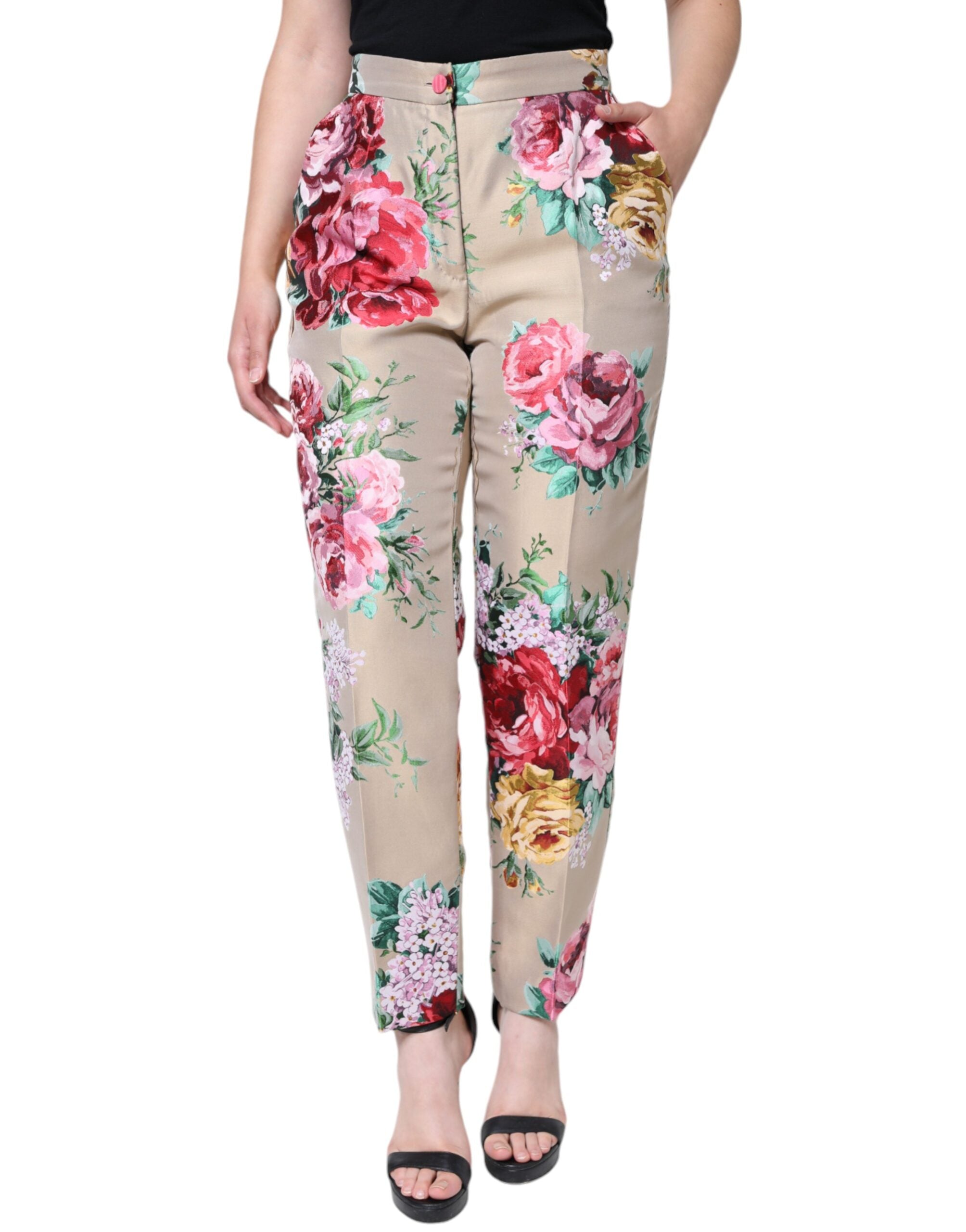 Dolce &amp; Gabbana Beige Jacquard-Hose mit hoher Taille und schmalem Schnitt