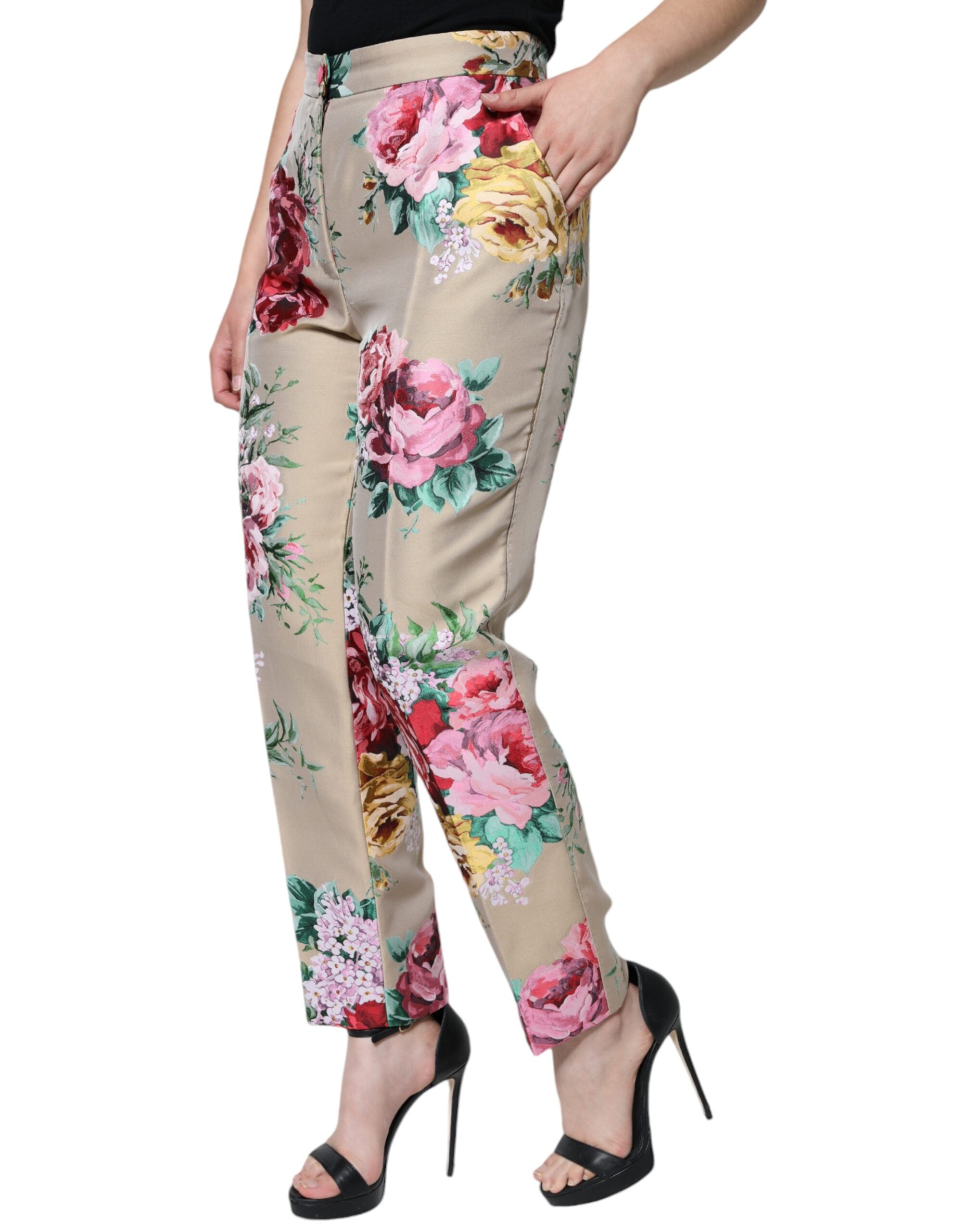 Dolce &amp; Gabbana Beige Jacquard-Hose mit hoher Taille und schmalem Schnitt
