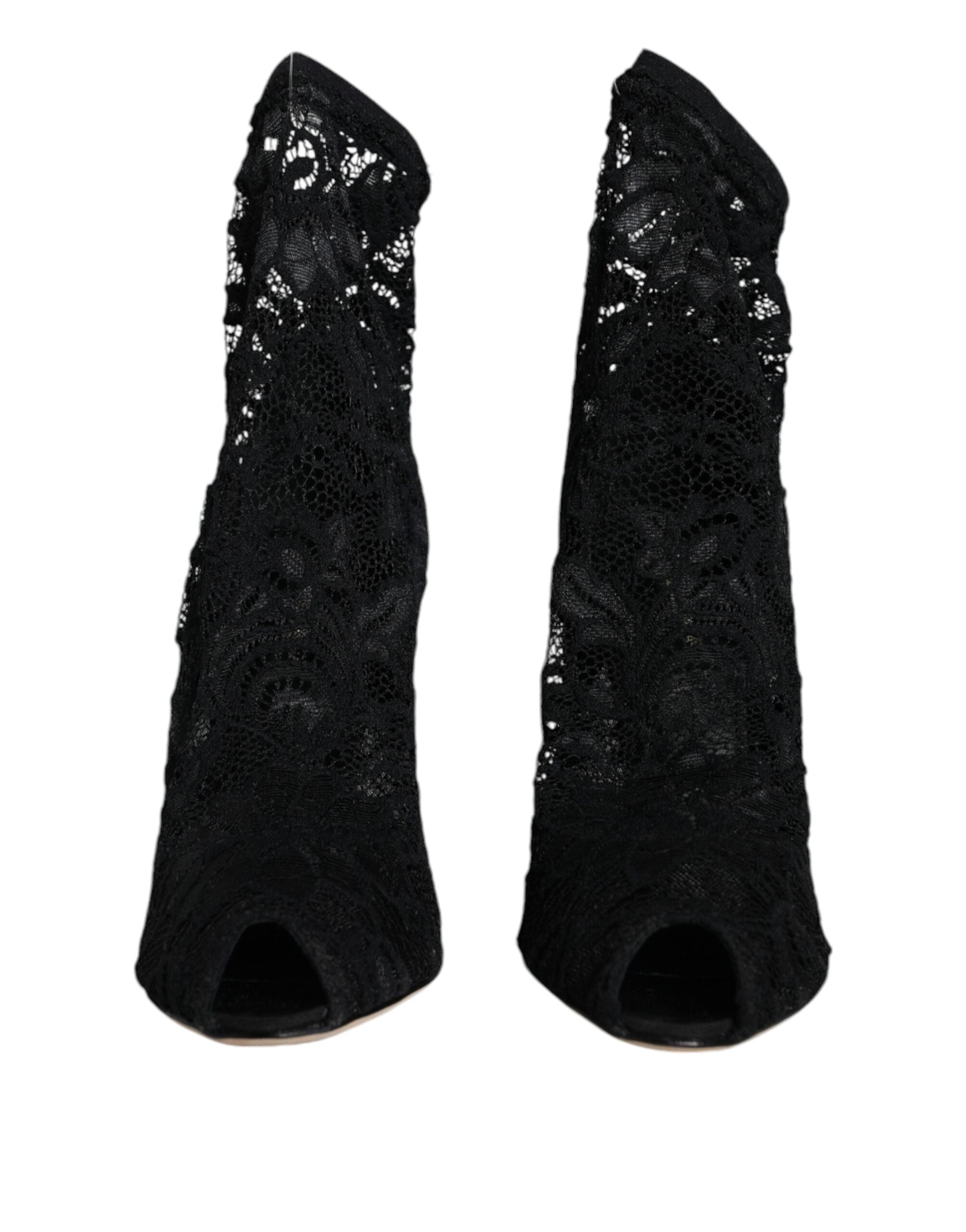 Dolce &amp; Gabbana – Wadenhohe Stiefel mit Stretch-Absatz und schwarzer Spitze