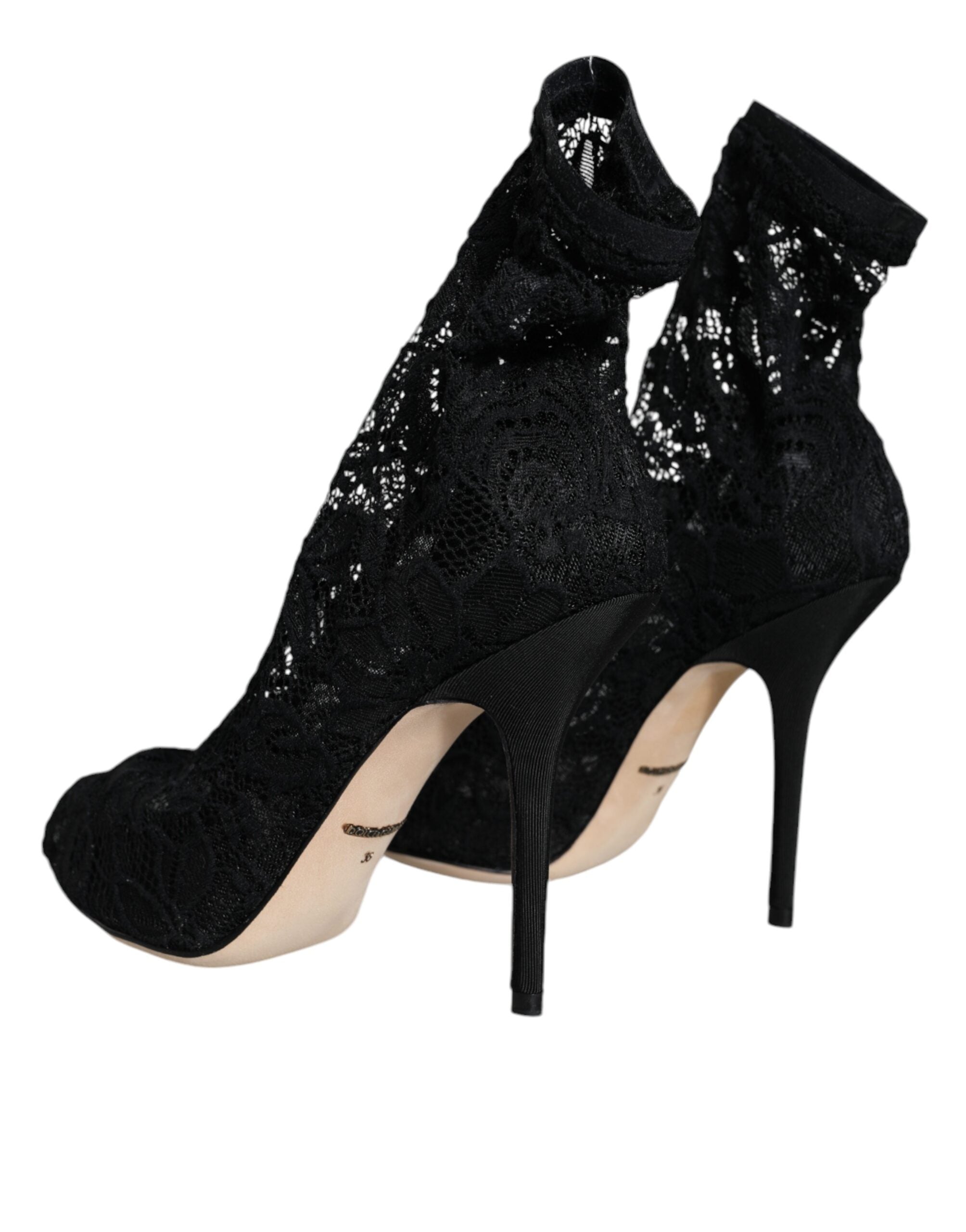 Dolce &amp; Gabbana – Wadenhohe Stiefel mit Stretch-Absatz und schwarzer Spitze