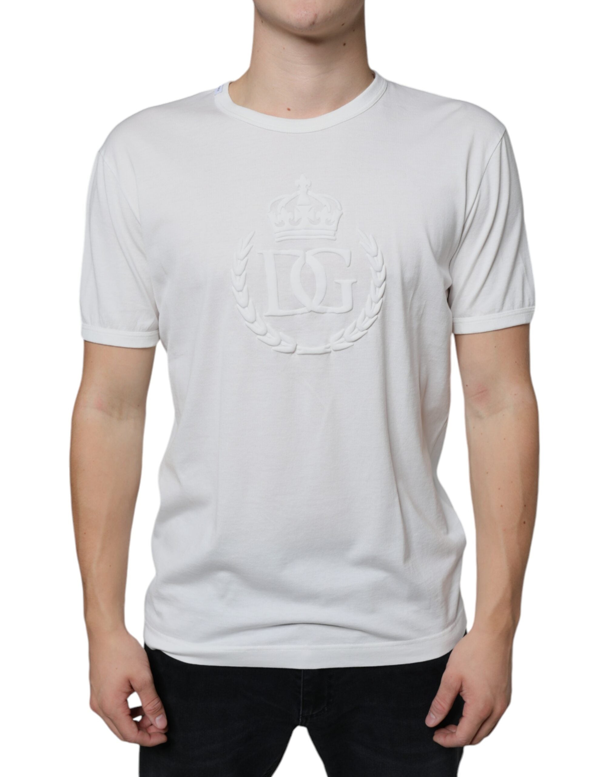 Dolce &amp; Gabbana – Weißes Baumwoll-T-Shirt mit Rundhalsausschnitt und Logoprägung