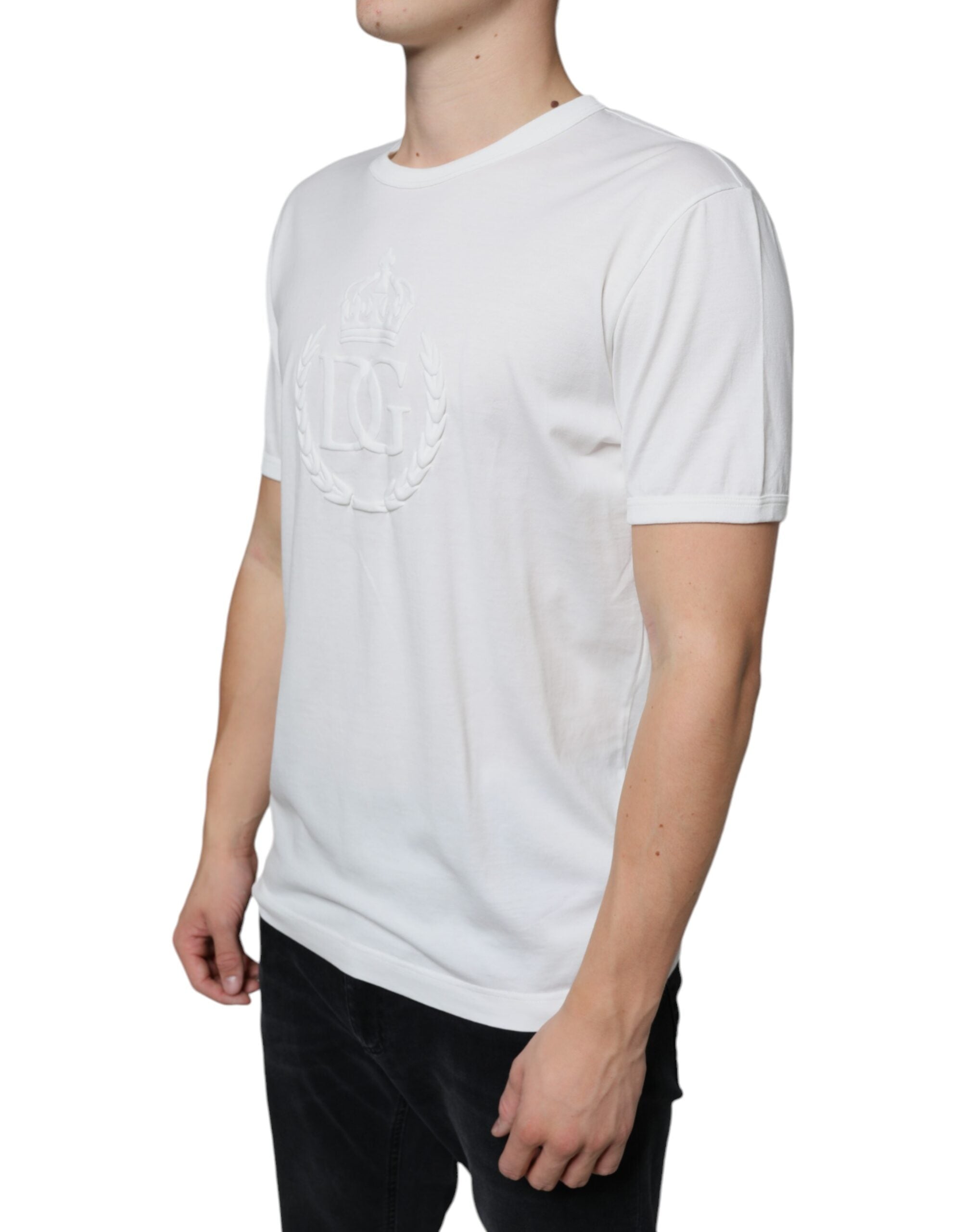 Dolce &amp; Gabbana – Weißes Baumwoll-T-Shirt mit Rundhalsausschnitt und Logoprägung
