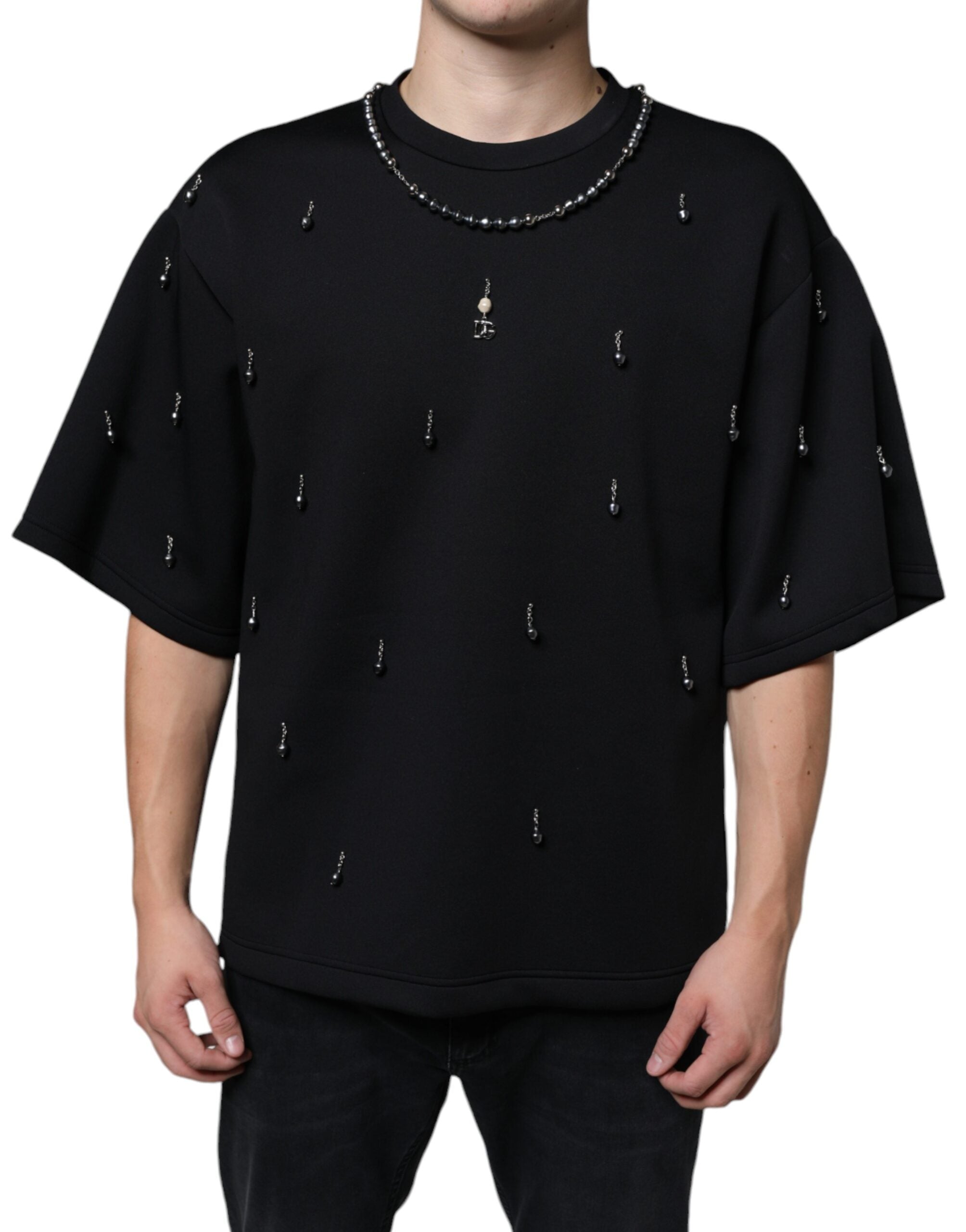 Dolce &amp; Gabbana Schwarzes Polyester-T-Shirt mit Halskettenverzierung