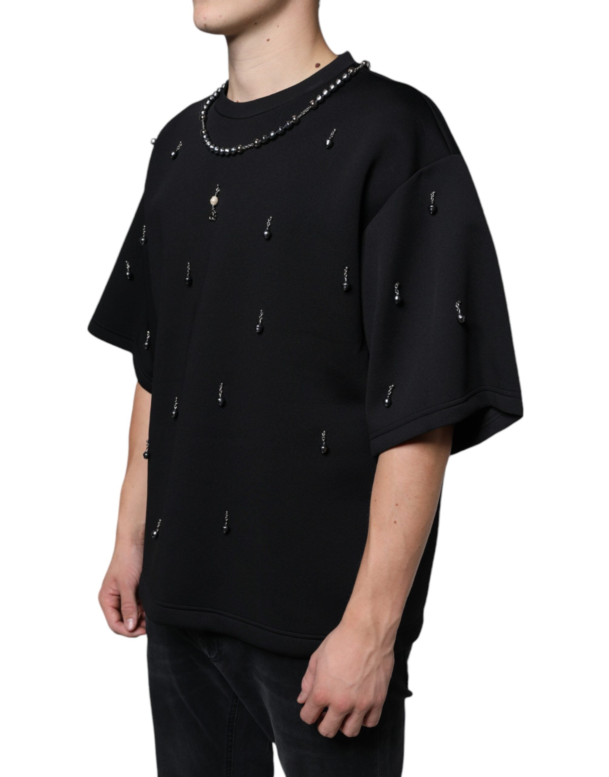 Dolce &amp; Gabbana Schwarzes Polyester-T-Shirt mit Halskettenverzierung