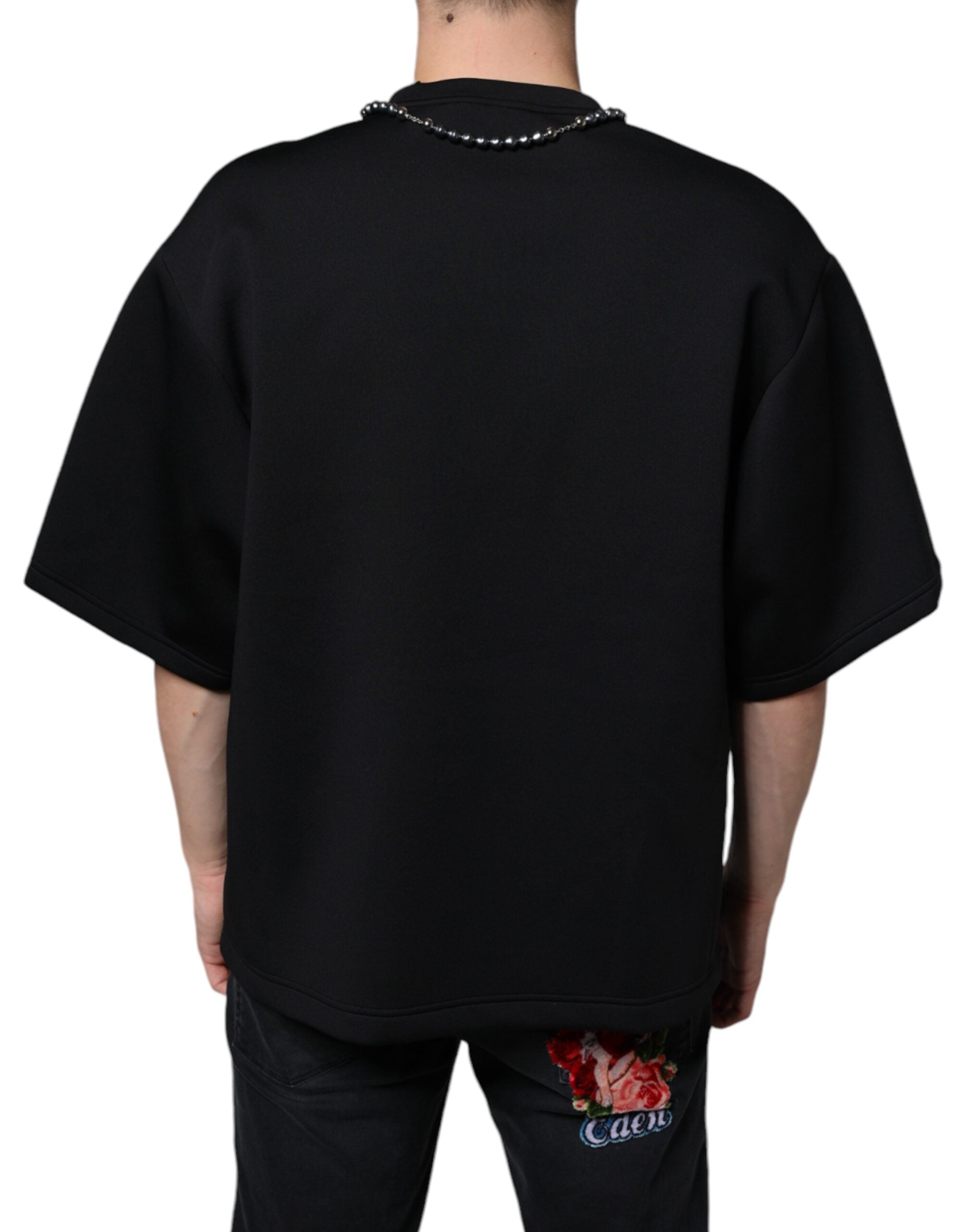 Dolce &amp; Gabbana Schwarzes Polyester-T-Shirt mit Halskettenverzierung