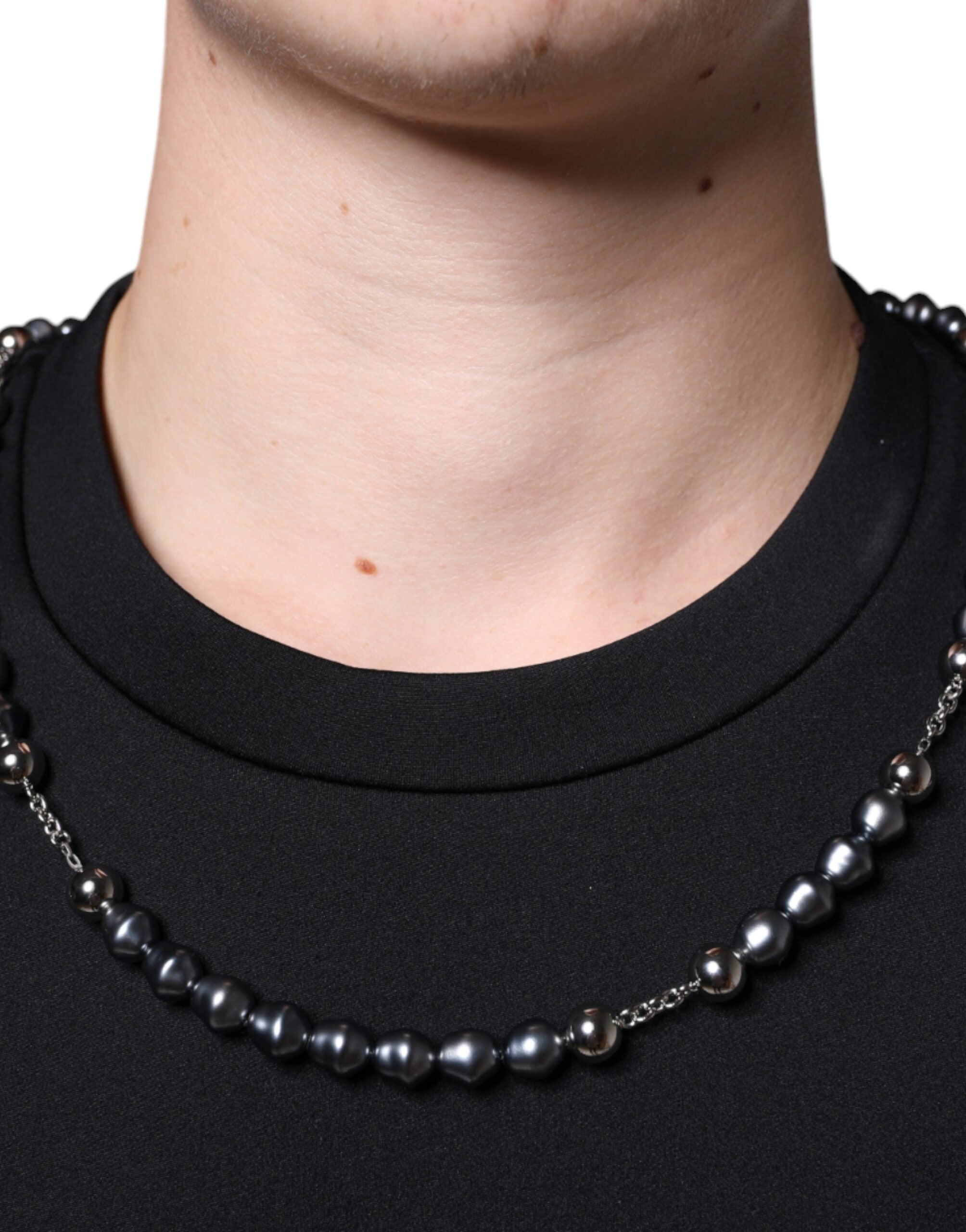 Dolce &amp; Gabbana Schwarzes Polyester-T-Shirt mit Halskettenverzierung