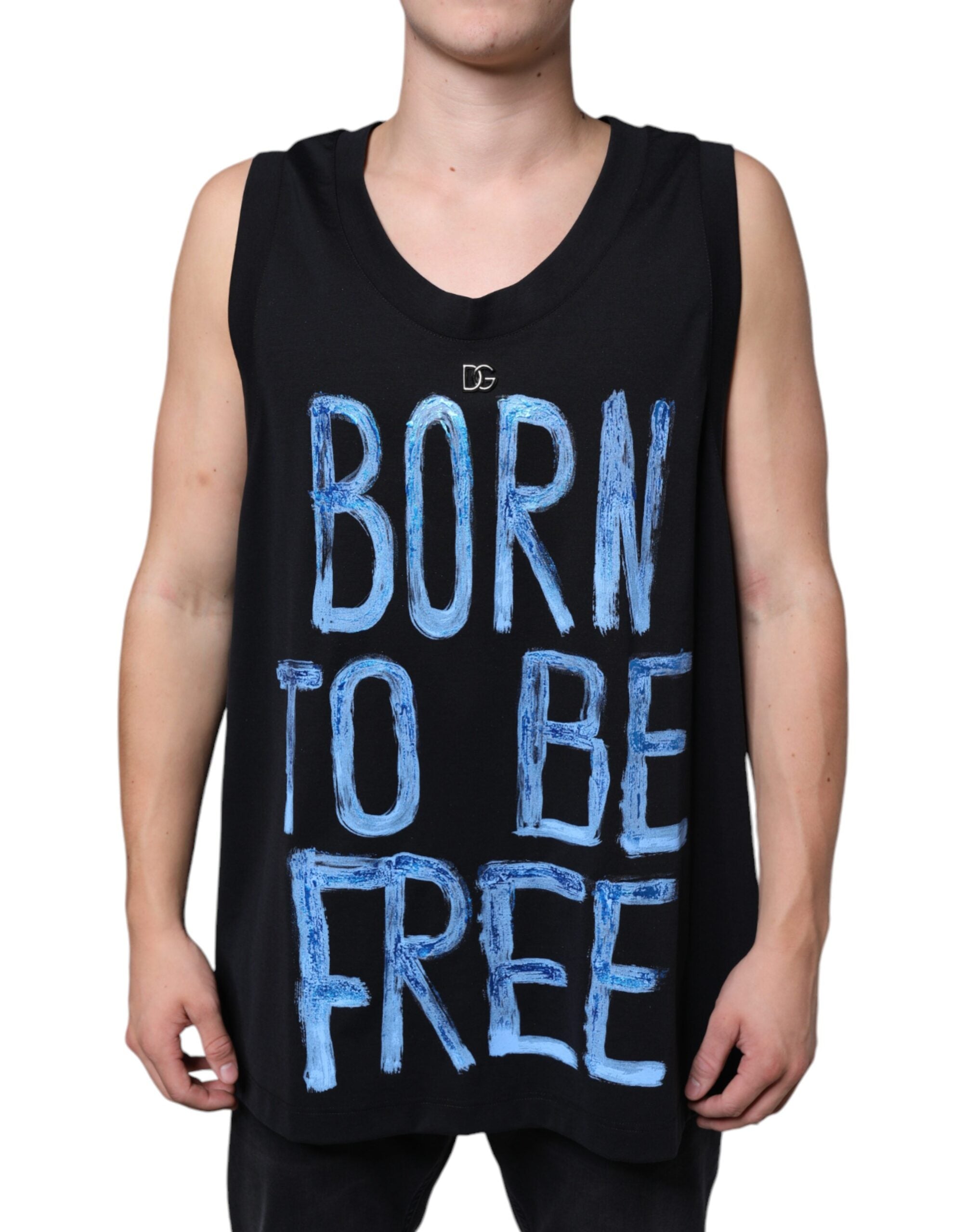 Dolce &amp; Gabbana Schwarzes ärmelloses T-Shirt „Born To Be Free“ aus Baumwolle