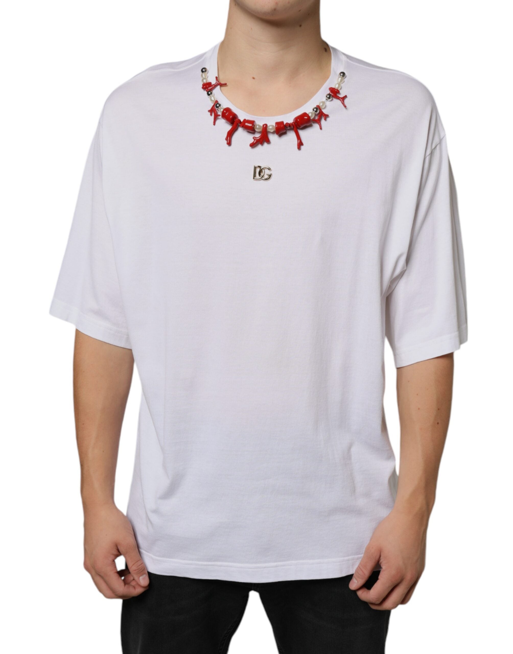 Dolce &amp; Gabbana – Weißes Baumwoll-T-Shirt mit Halskettenverzierung