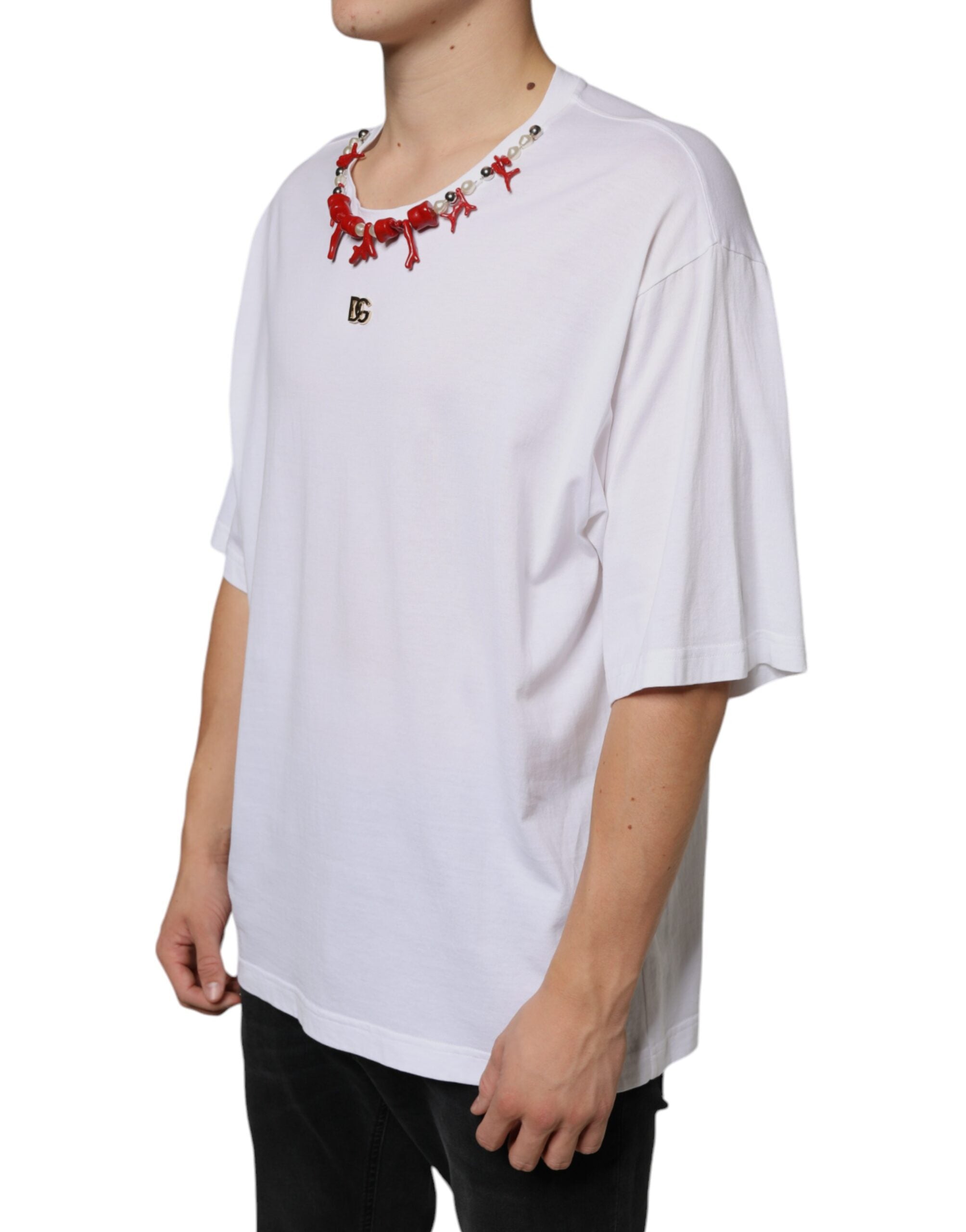 Dolce &amp; Gabbana – Weißes Baumwoll-T-Shirt mit Halskettenverzierung