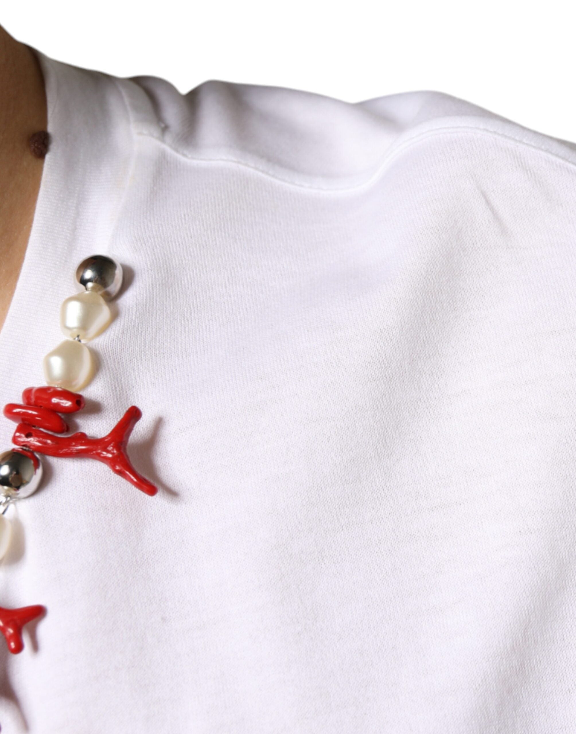 Dolce &amp; Gabbana – Weißes Baumwoll-T-Shirt mit Halskettenverzierung
