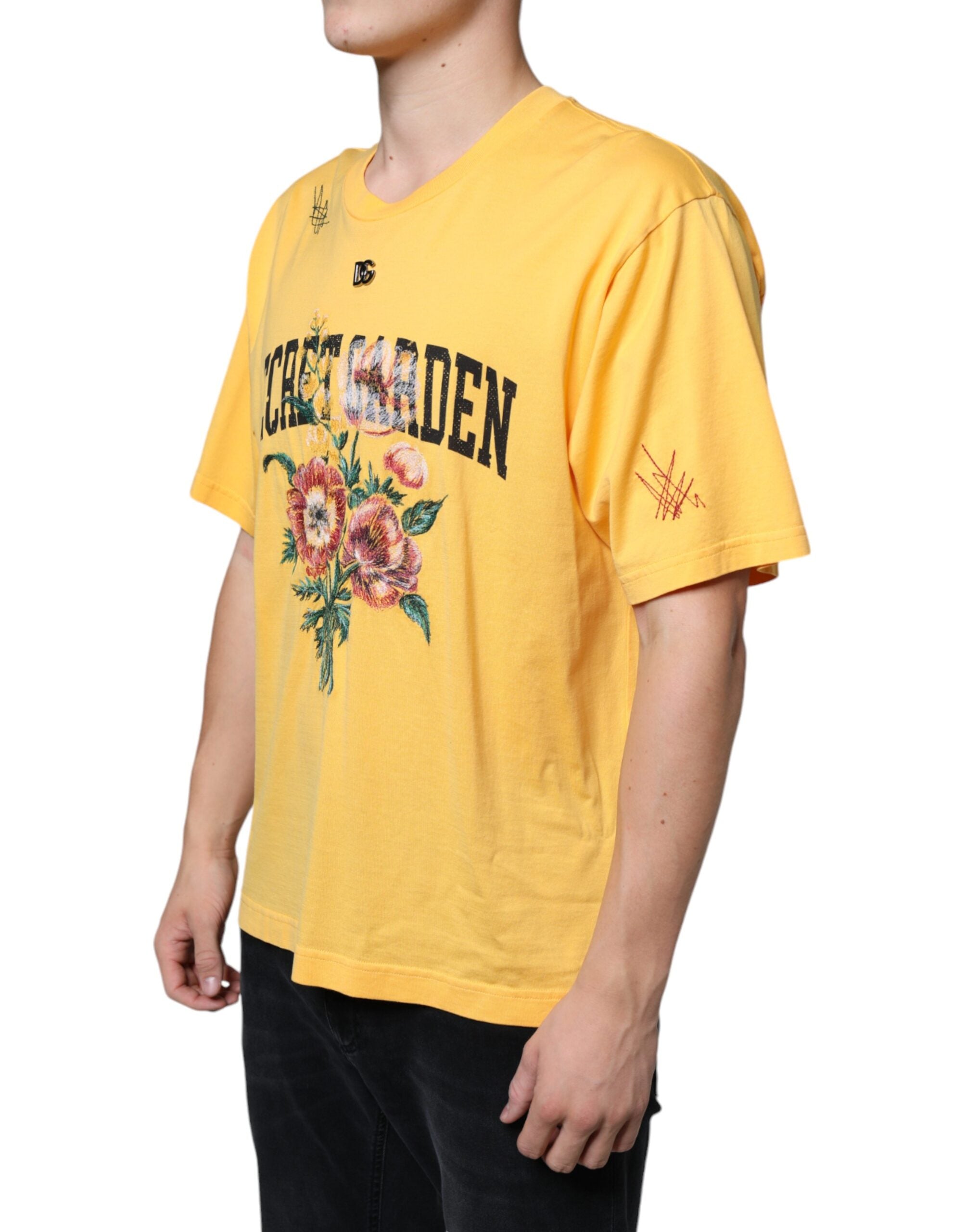Dolce &amp; Gabbana Gelbes T-Shirt mit Rundhalsausschnitt aus geblümter Baumwolle „Secret Graden“