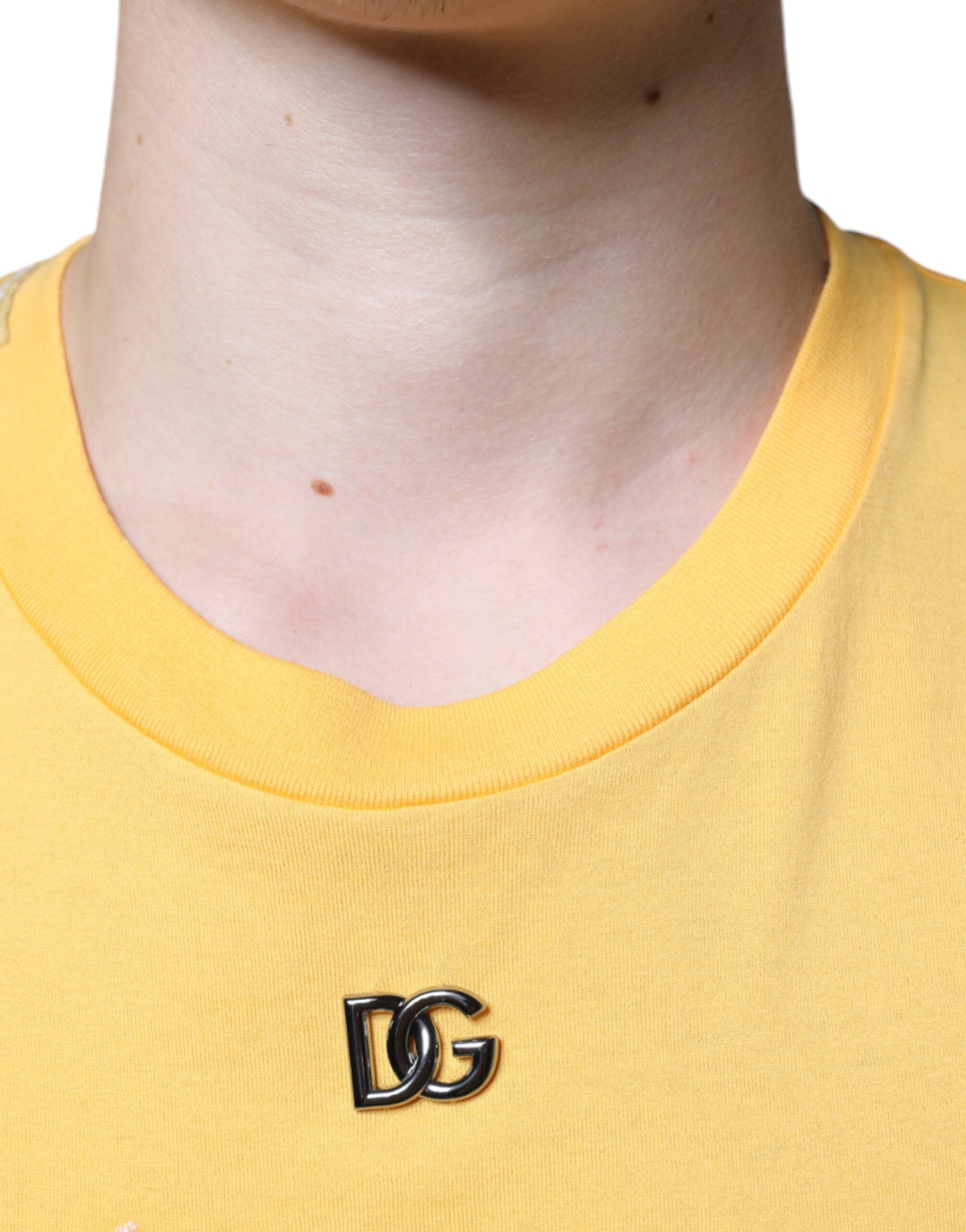 Dolce &amp; Gabbana Gelbes T-Shirt mit Rundhalsausschnitt aus geblümter Baumwolle „Secret Graden“