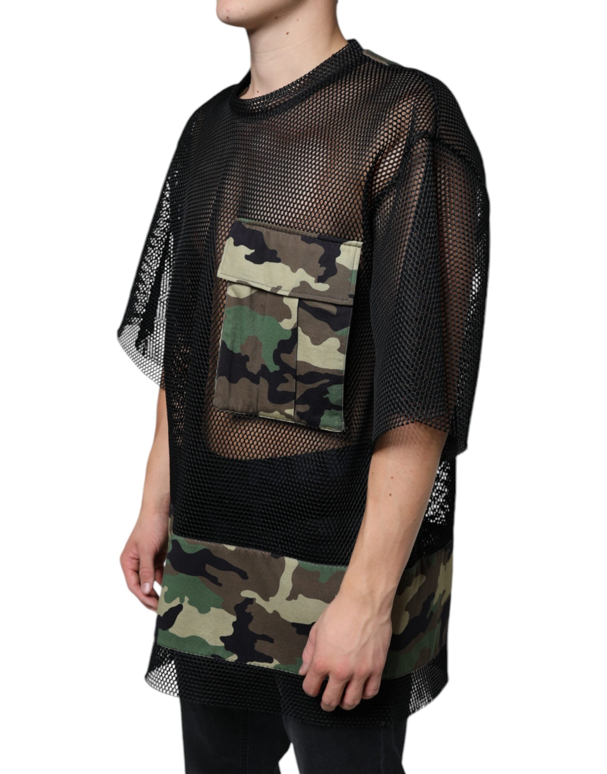 Dolce &amp; Gabbana – Schwarzes, kurzärmliges T-Shirt mit Camouflage-Muster aus Netzstoff