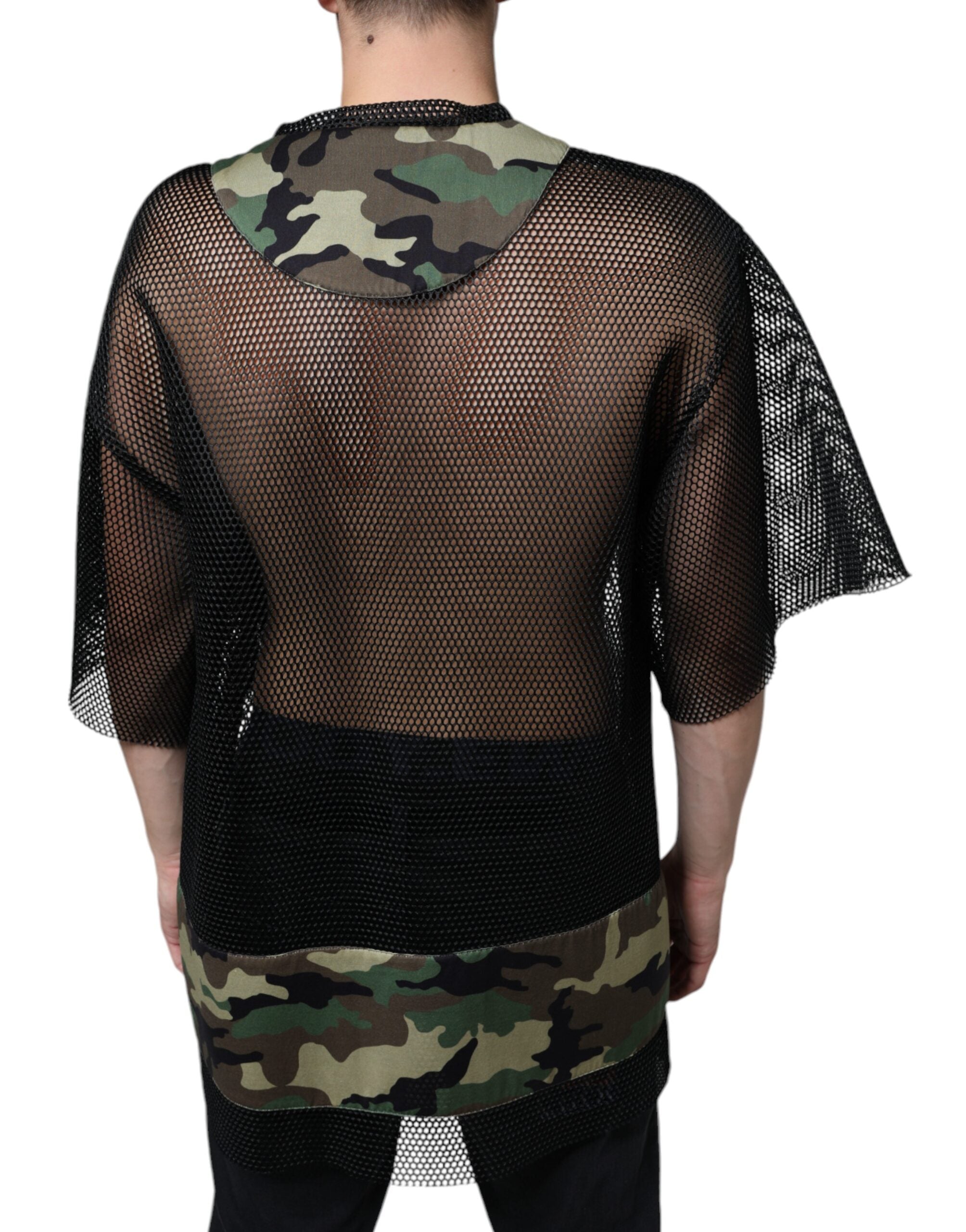 Dolce &amp; Gabbana – Schwarzes, kurzärmliges T-Shirt mit Camouflage-Muster aus Netzstoff